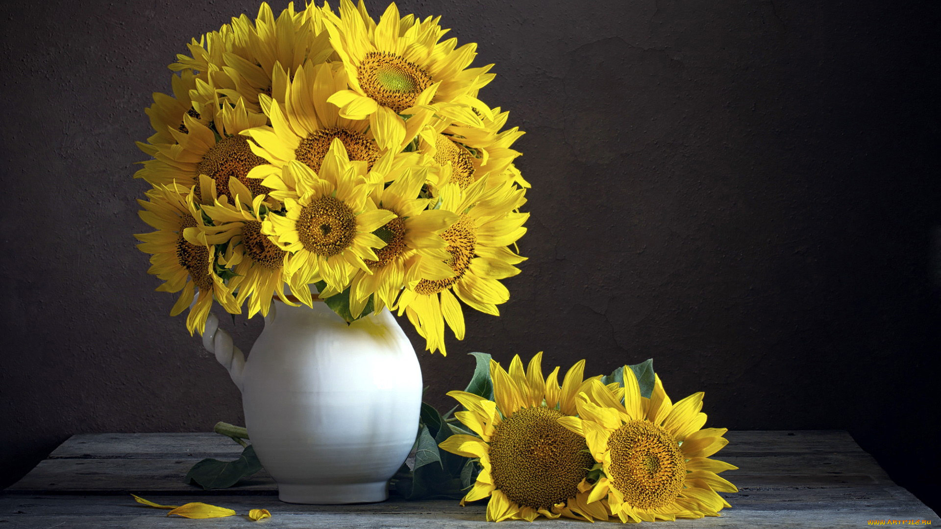 цветы, подсолнухи, кувшин, букет