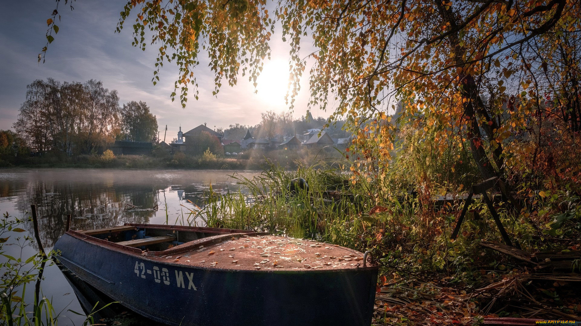 корабли, лодки, , шлюпки, река, туман, лодка, осень