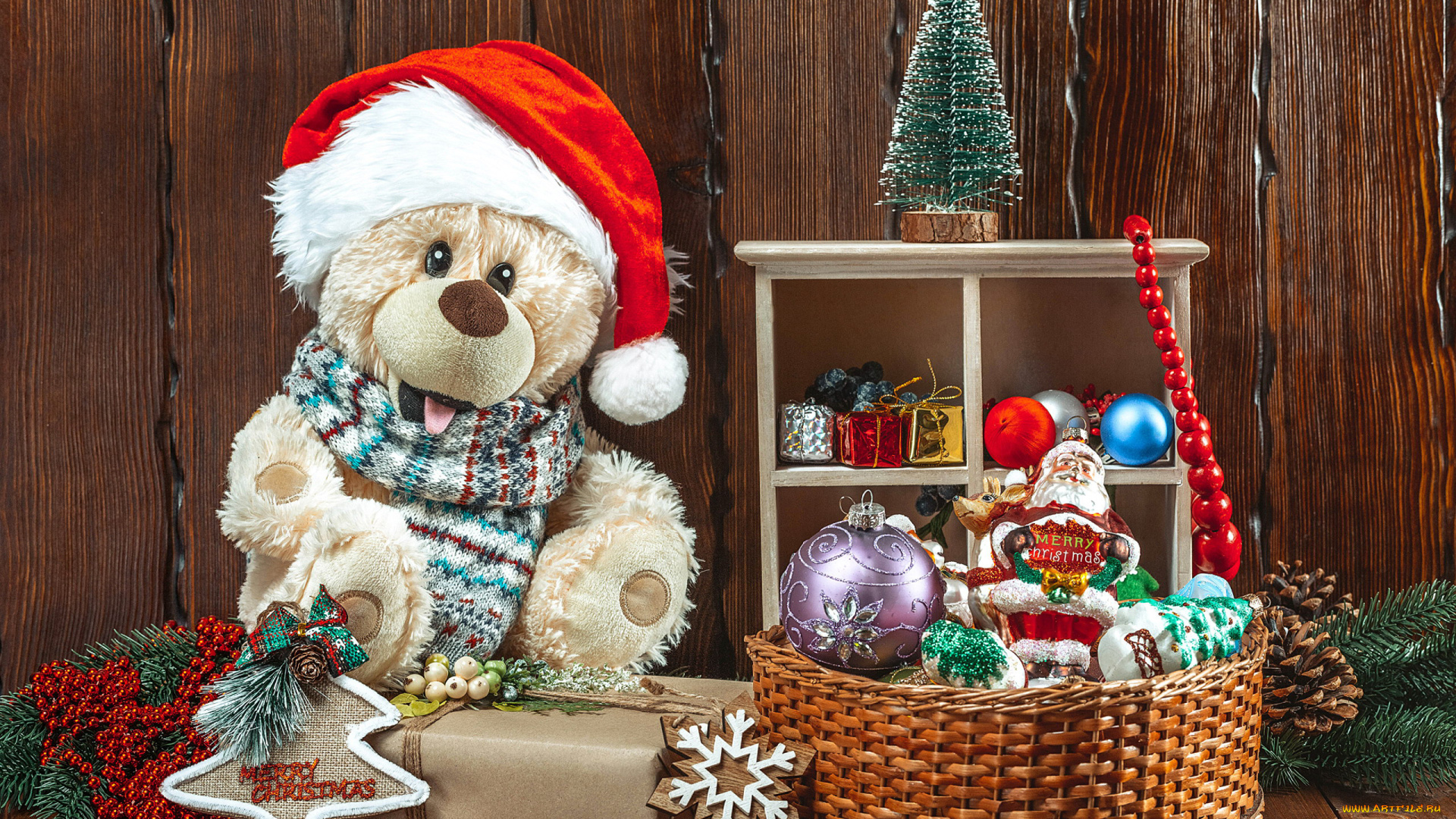 праздничные, -, разное, , новый, год, медвежонок, корзинка, шарики, бусы