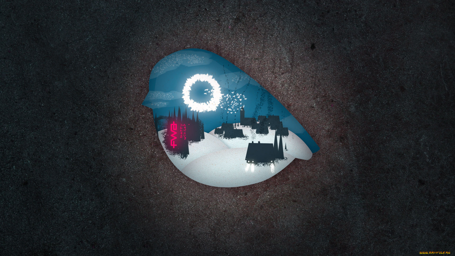 векторная, графика, птицы, , птицы, птица, деревня, снег