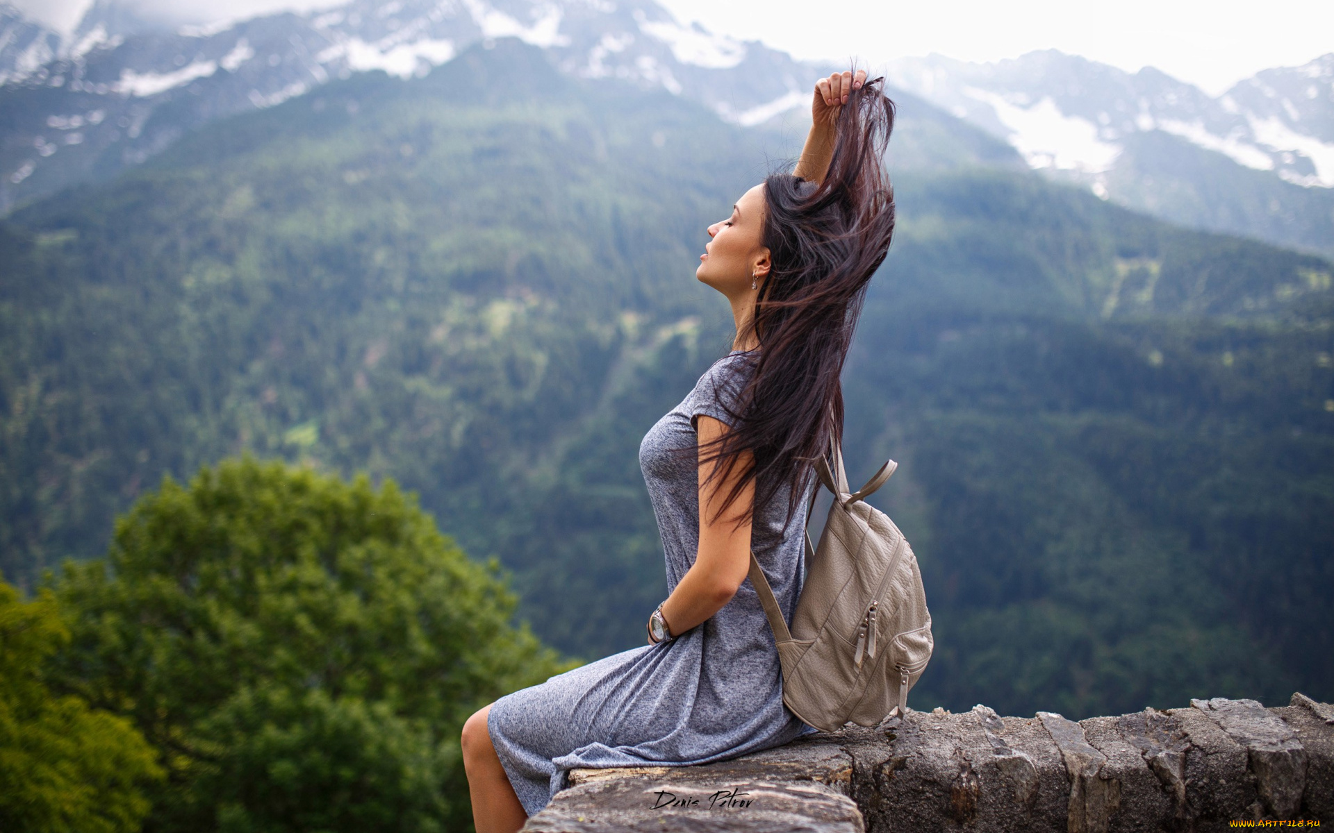 девушки, ангелина, петрова, брюнетка, платье, рюкзак, стена, горы