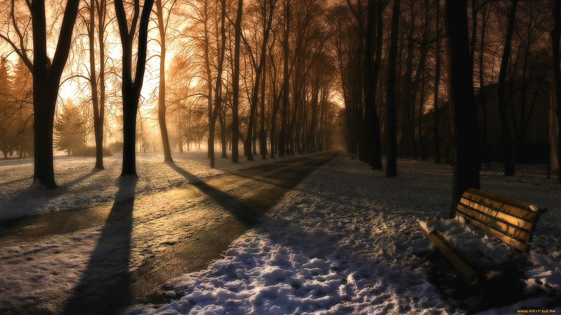 природа, парк, аллея, снег, скамейка