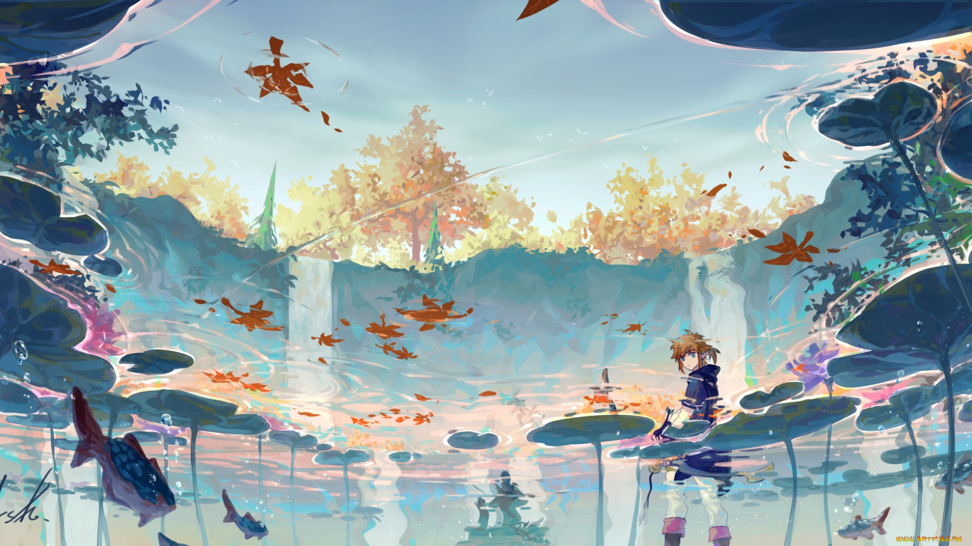 видео, игры, the, legend, of, zelda, линк, озеро, рыбы, цветы, водопады