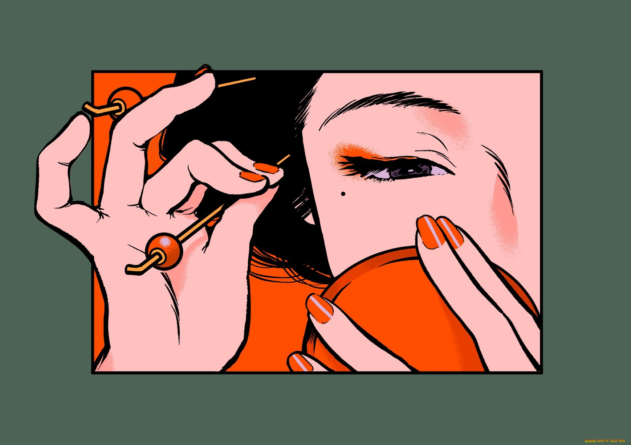 рисованное, люди, девушка, лицо, зеркало, шпильки