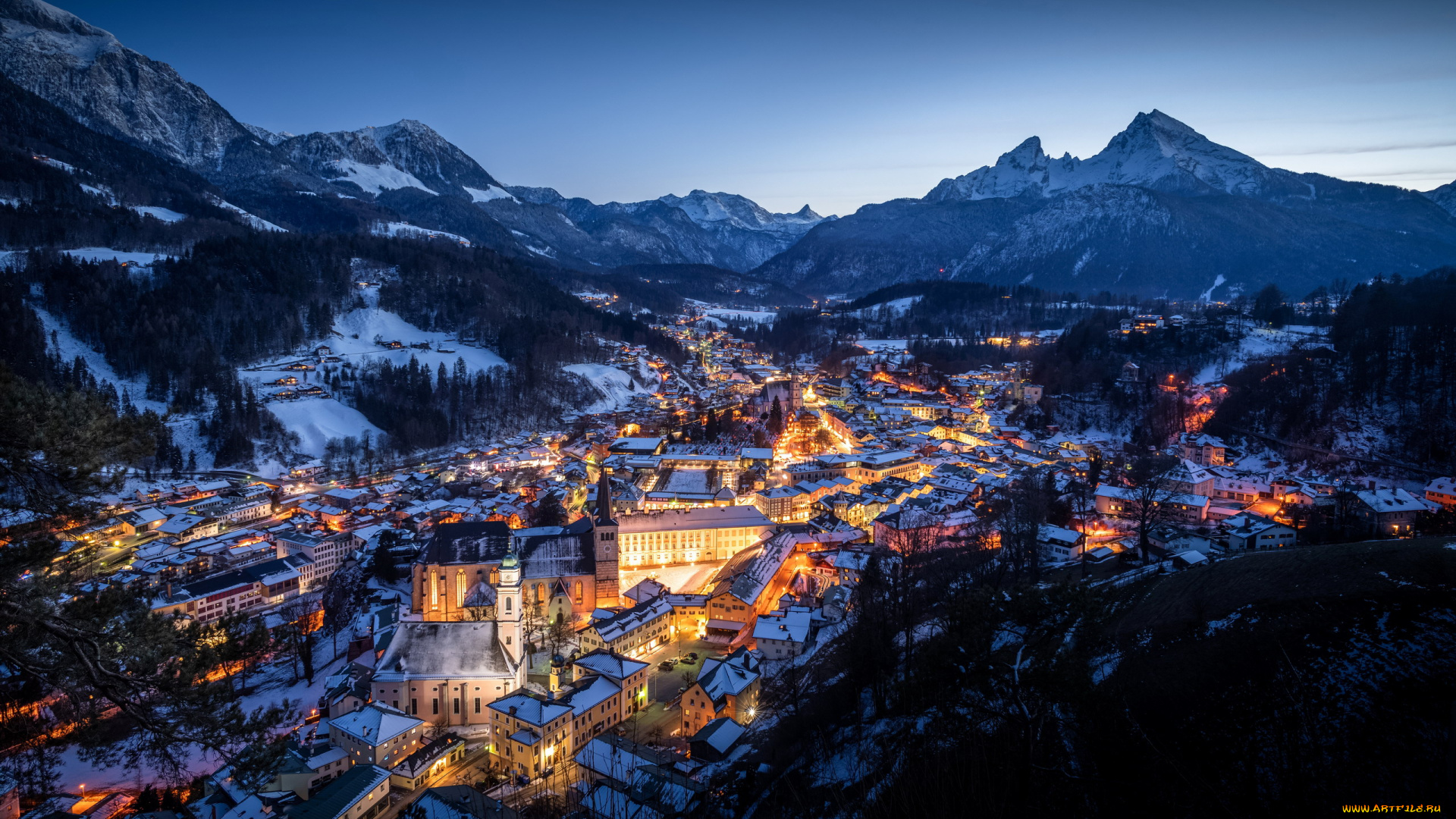 города, берхтесгаден, , германия, вечер, огни, панорама, горы