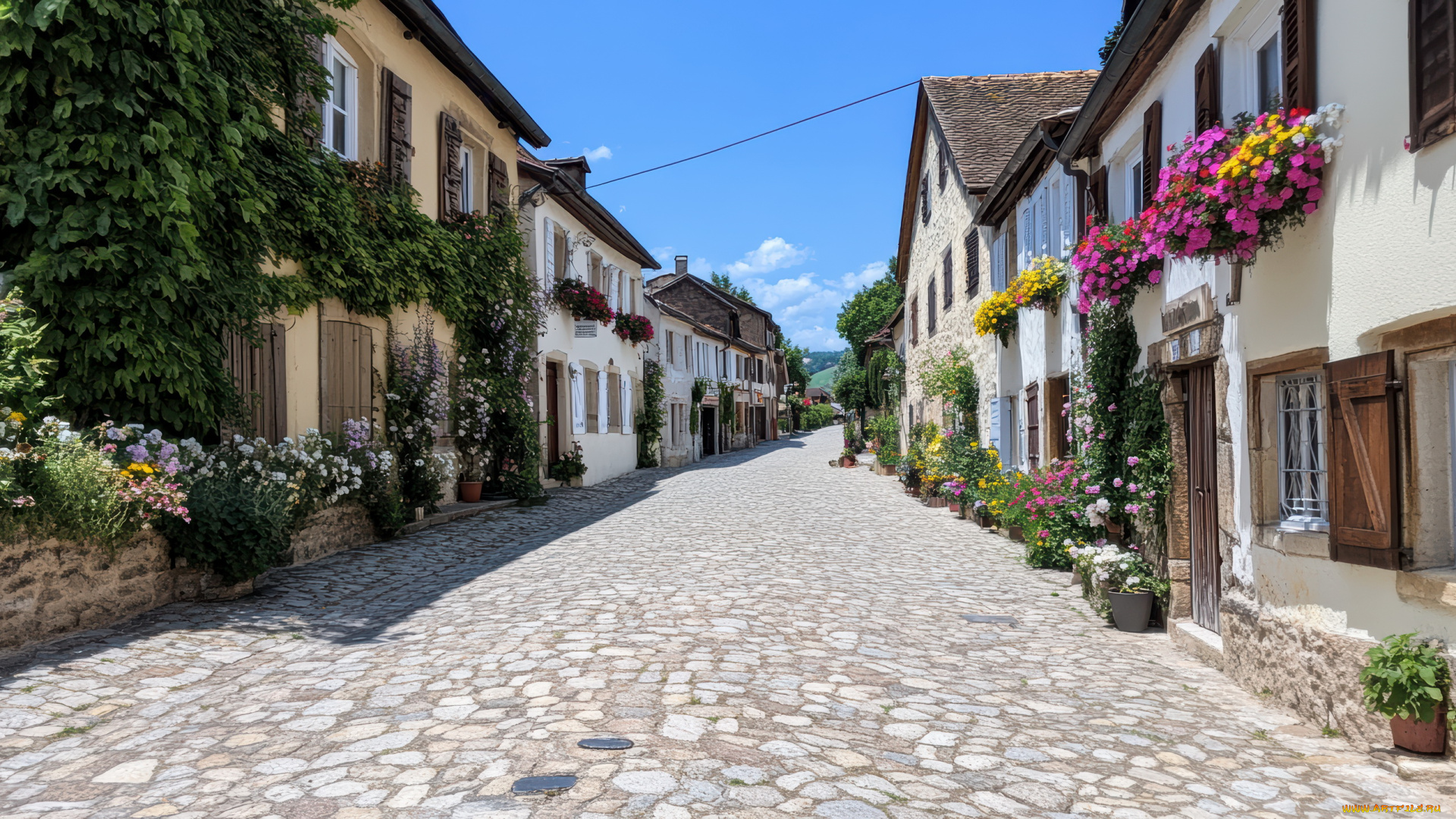 3д, графика, реализм, , realism, улица, дома, цветы