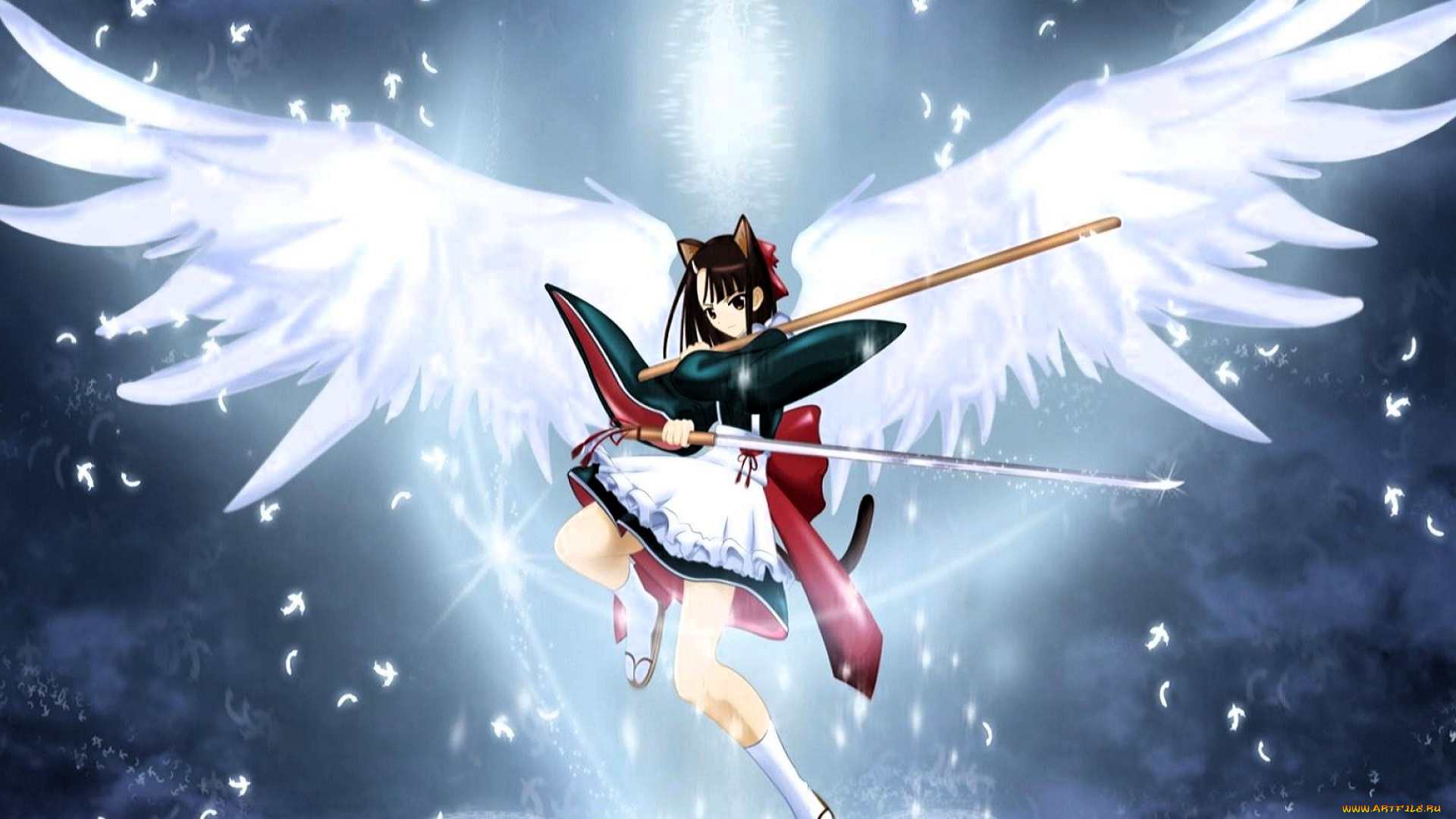 аниме, ангелы, , демоны, девушка, ушки, крылья, оружие