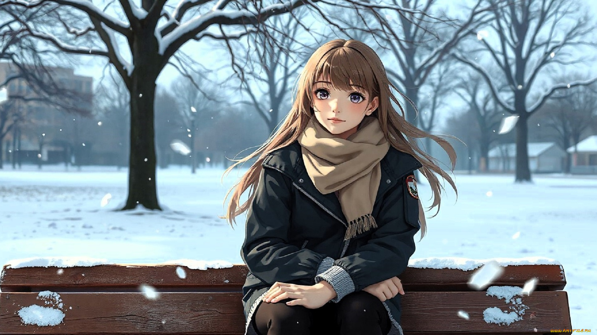 аниме, зима, , новый, год, , рождество, девушка, шарф, куртка, юбка, скамейка, парк, снег, деревья, дома