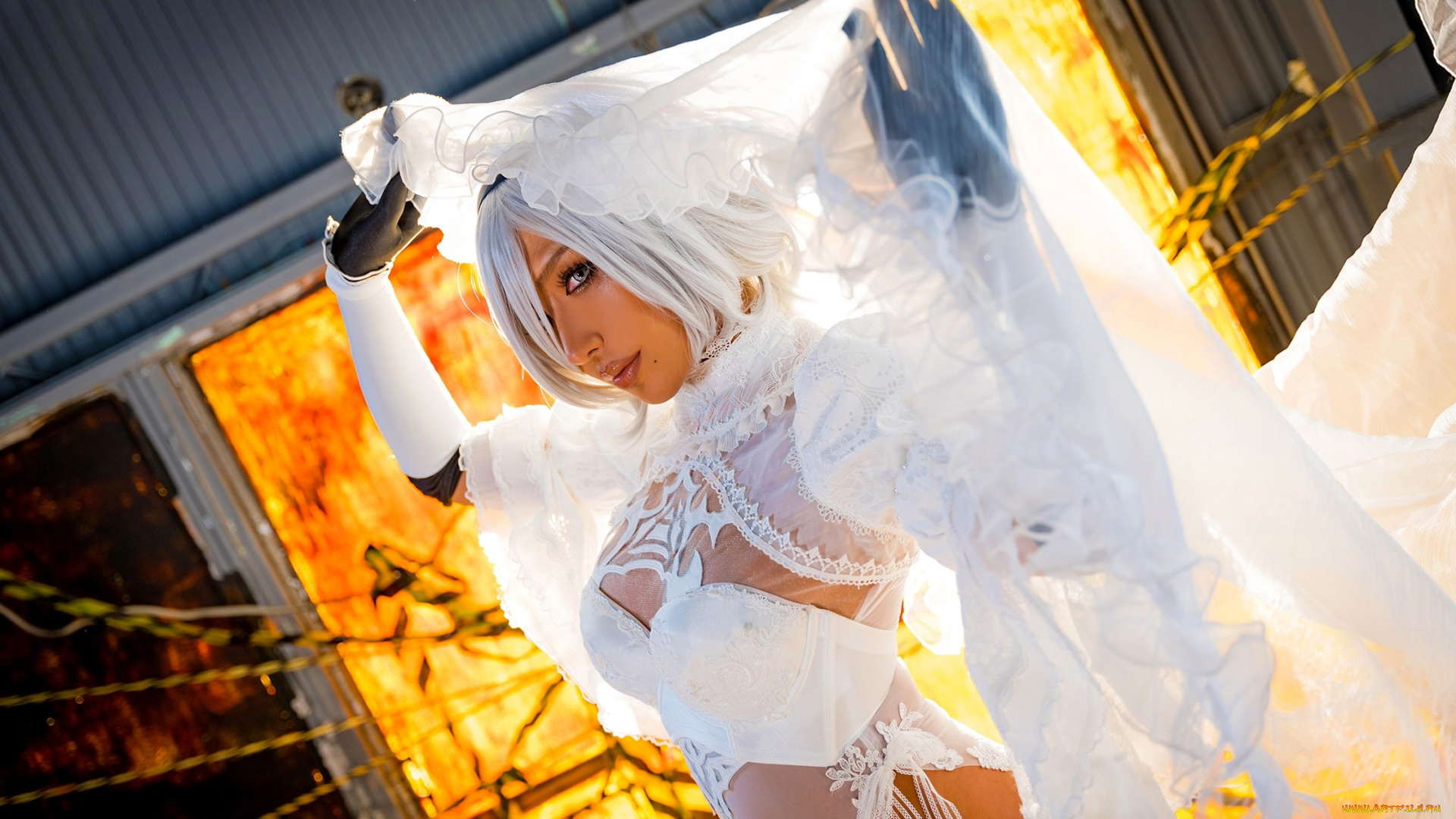 девушки, nonsummerjack, образ, косплей, наряд, костюм, белье, фата, огонь