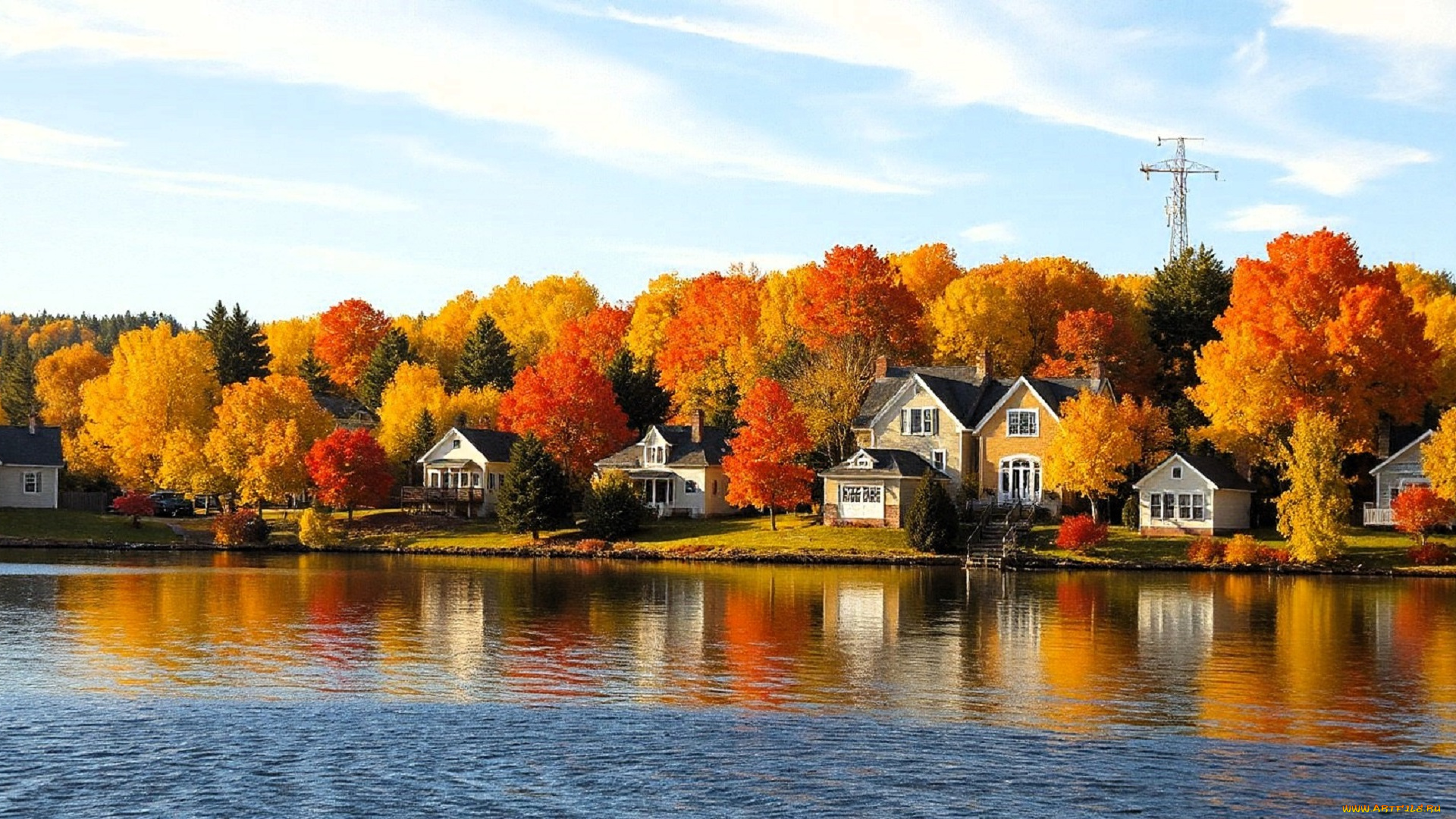 рисованное, города, горы, лес, деревья, осень, дома, поселок, озеро