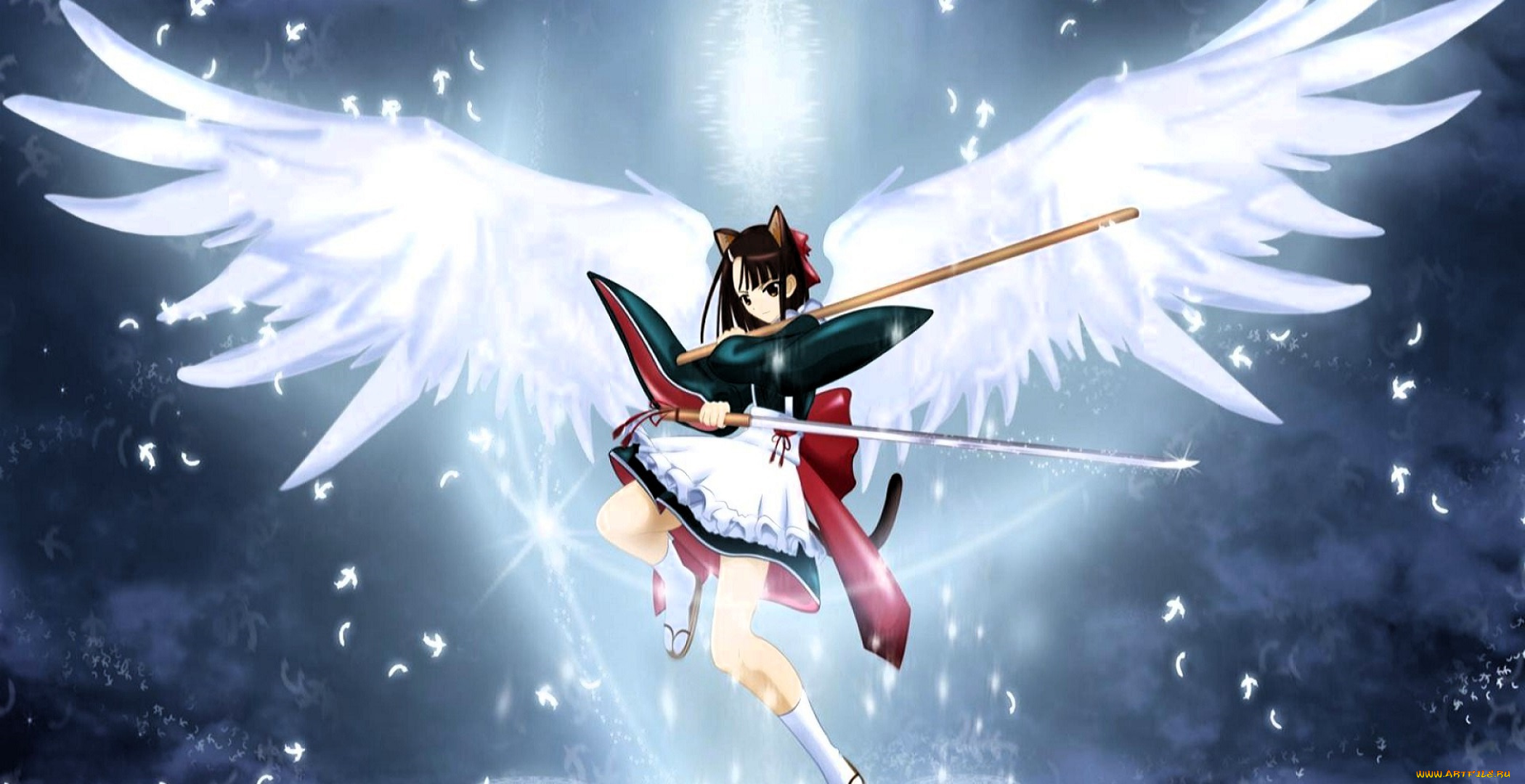 аниме, ангелы, , демоны, девушка, ушки, крылья, оружие