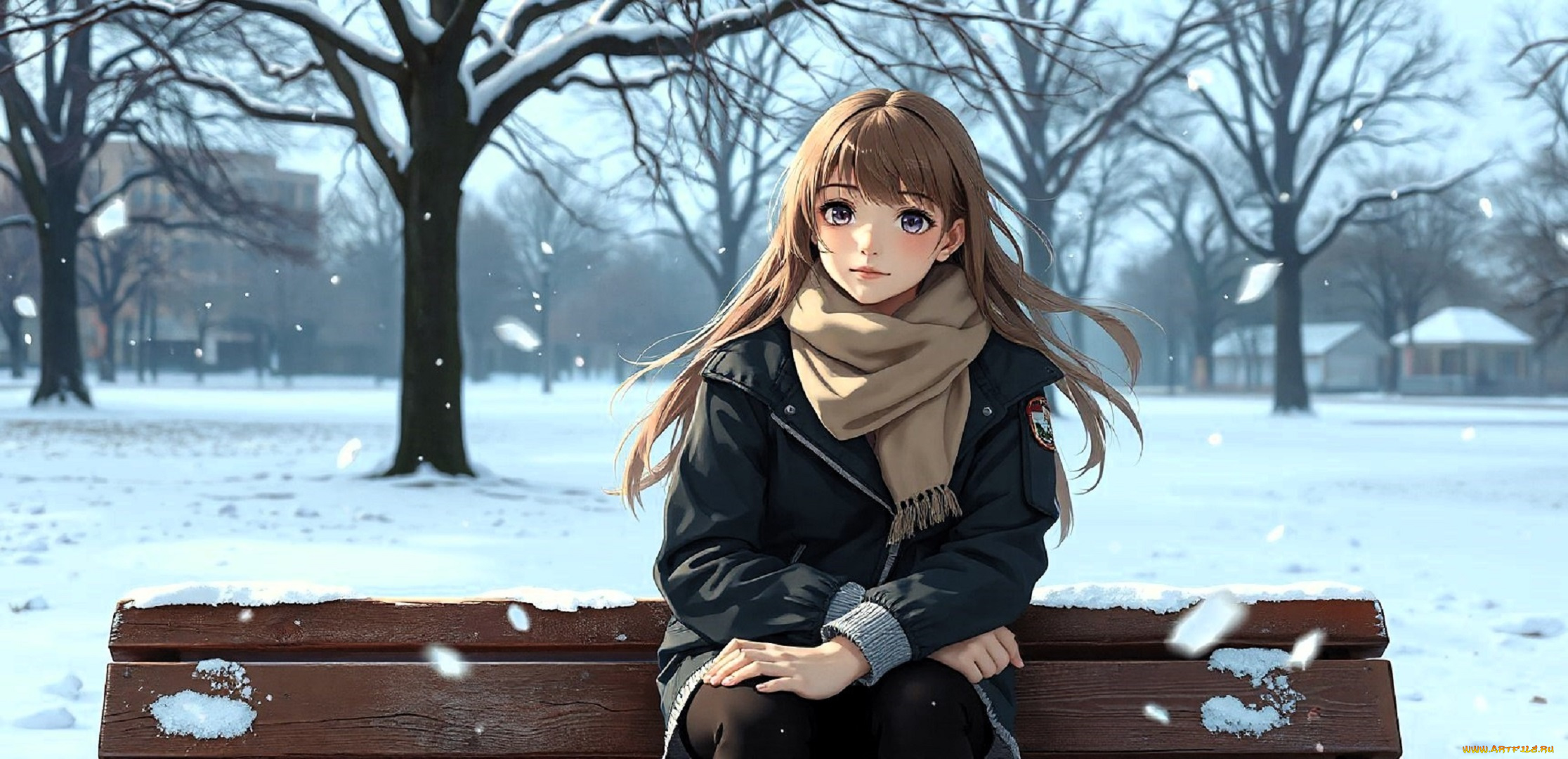 аниме, зима, , новый, год, , рождество, девушка, шарф, куртка, юбка, скамейка, парк, снег, деревья, дома
