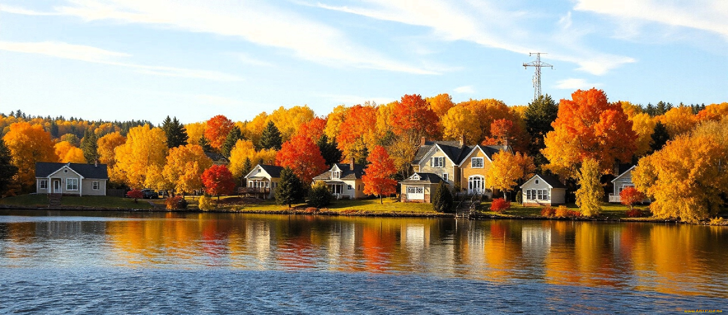 рисованное, города, горы, лес, деревья, осень, дома, поселок, озеро