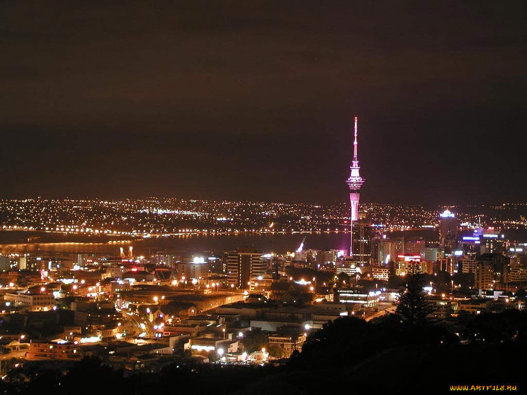 auckland, города, огни, ночного