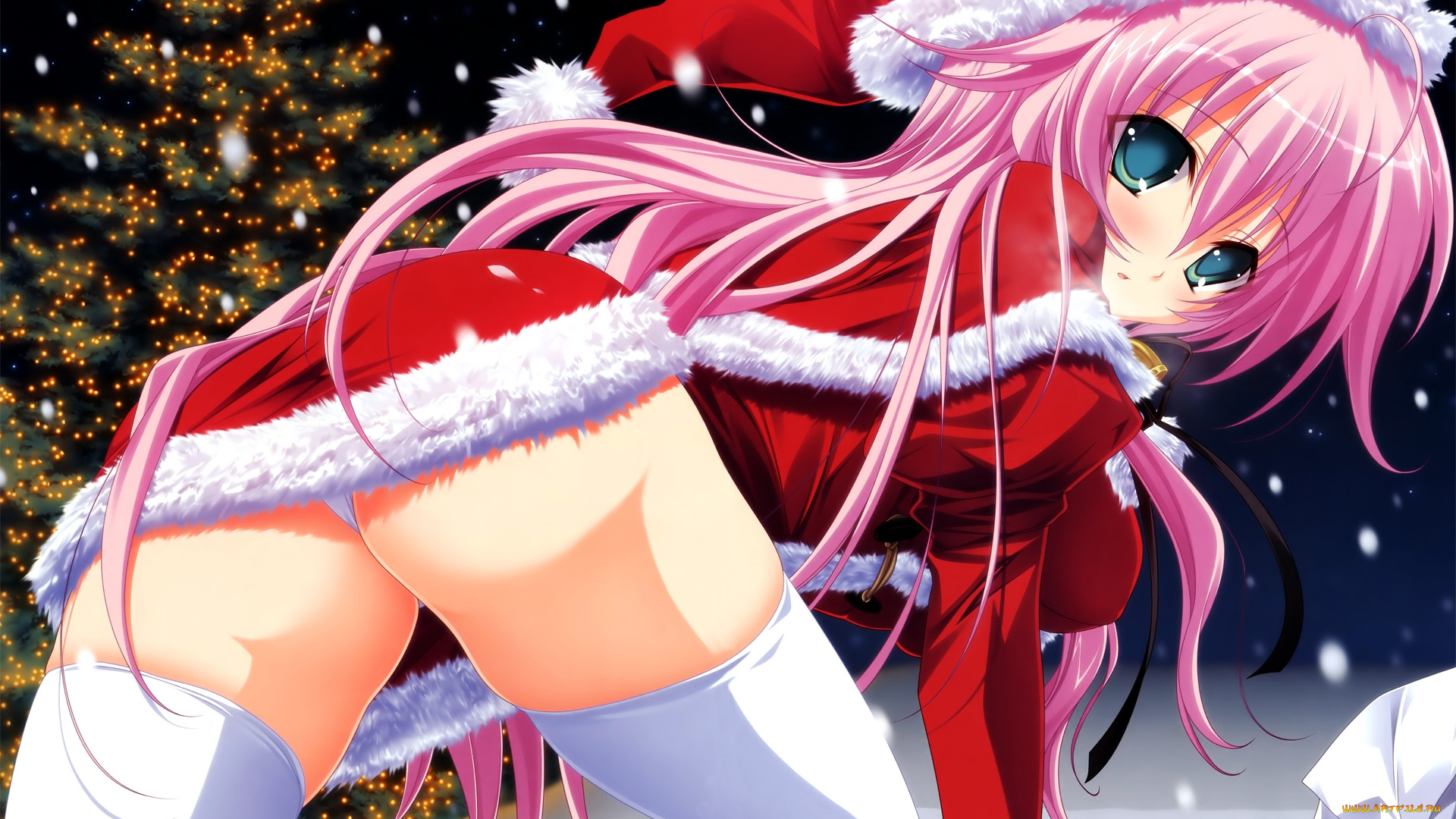 аниме, merry, chrismas, winter, девушка, костюм, подарки, ёлка, новый, год