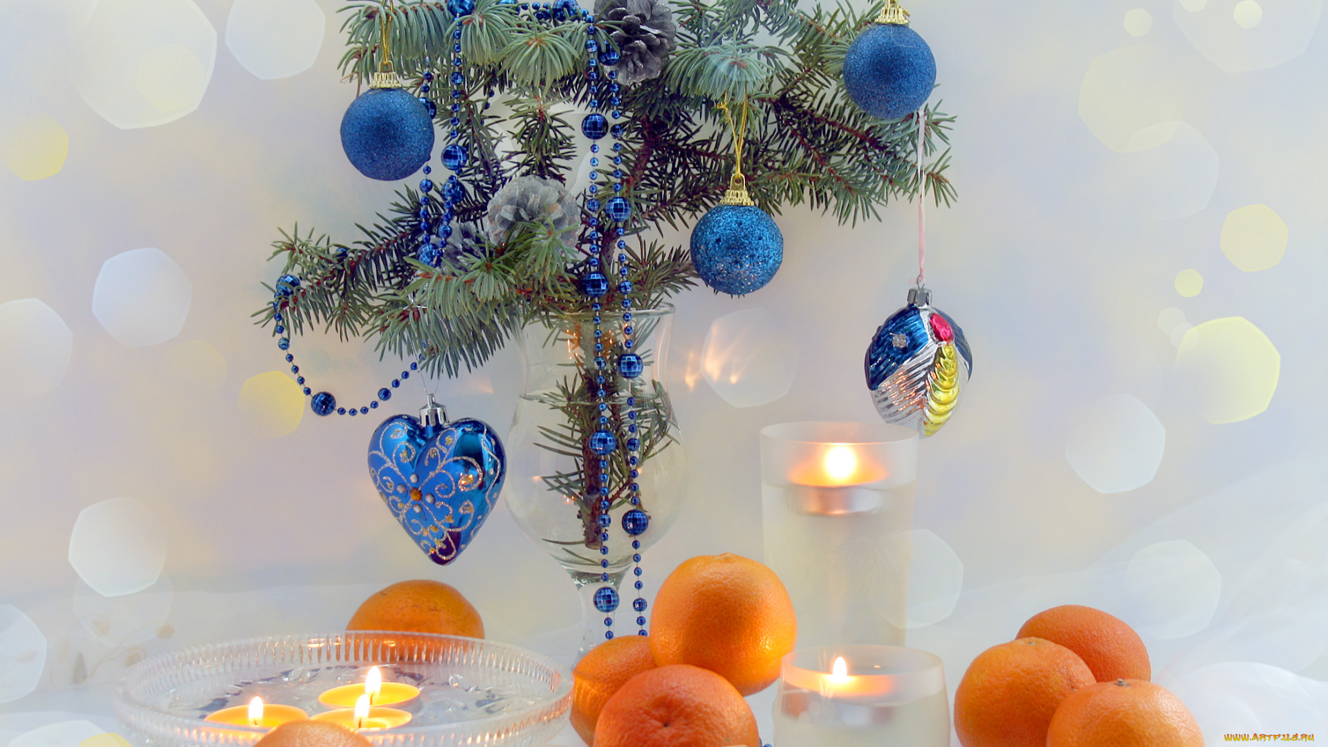 праздничные, угощения, мандарины, хвоя, украшения, ветки