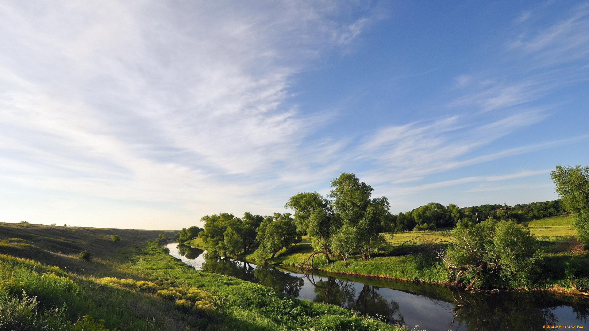 природа, реки, озера, деревья, облака, небо, поле