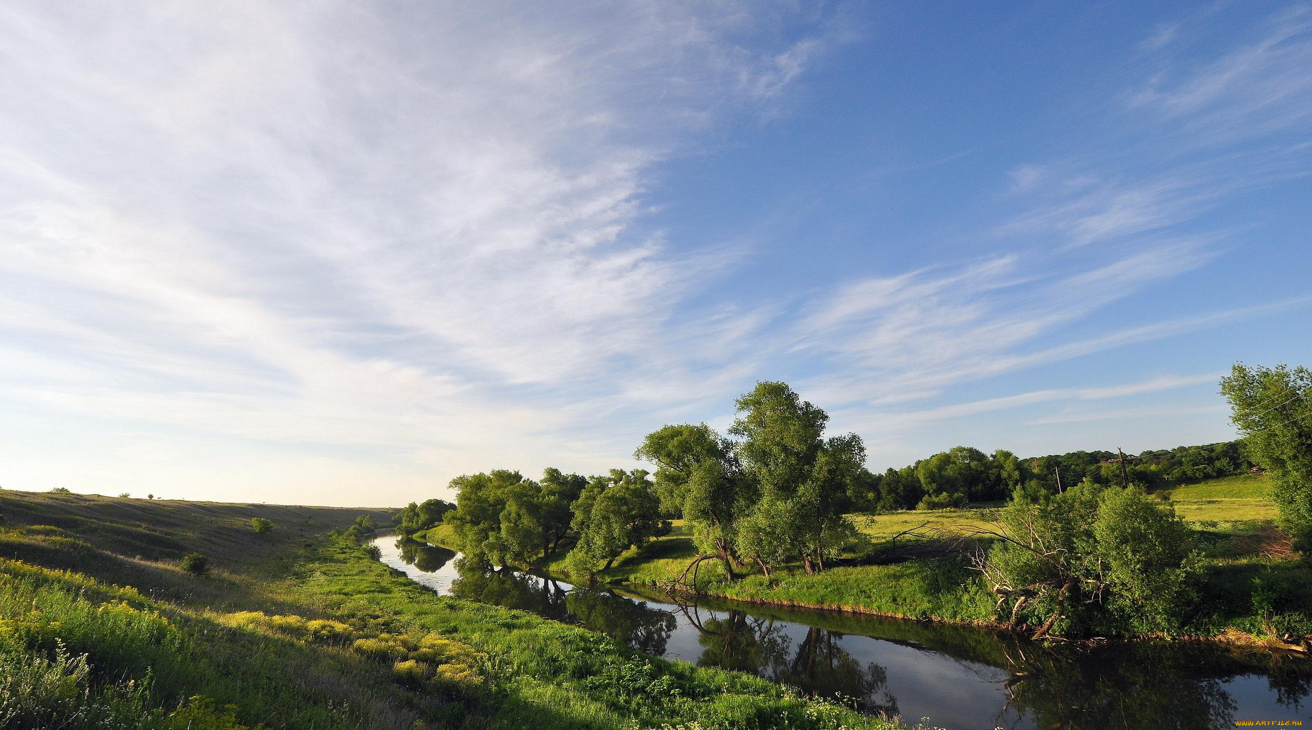 природа, реки, озера, деревья, облака, небо, поле