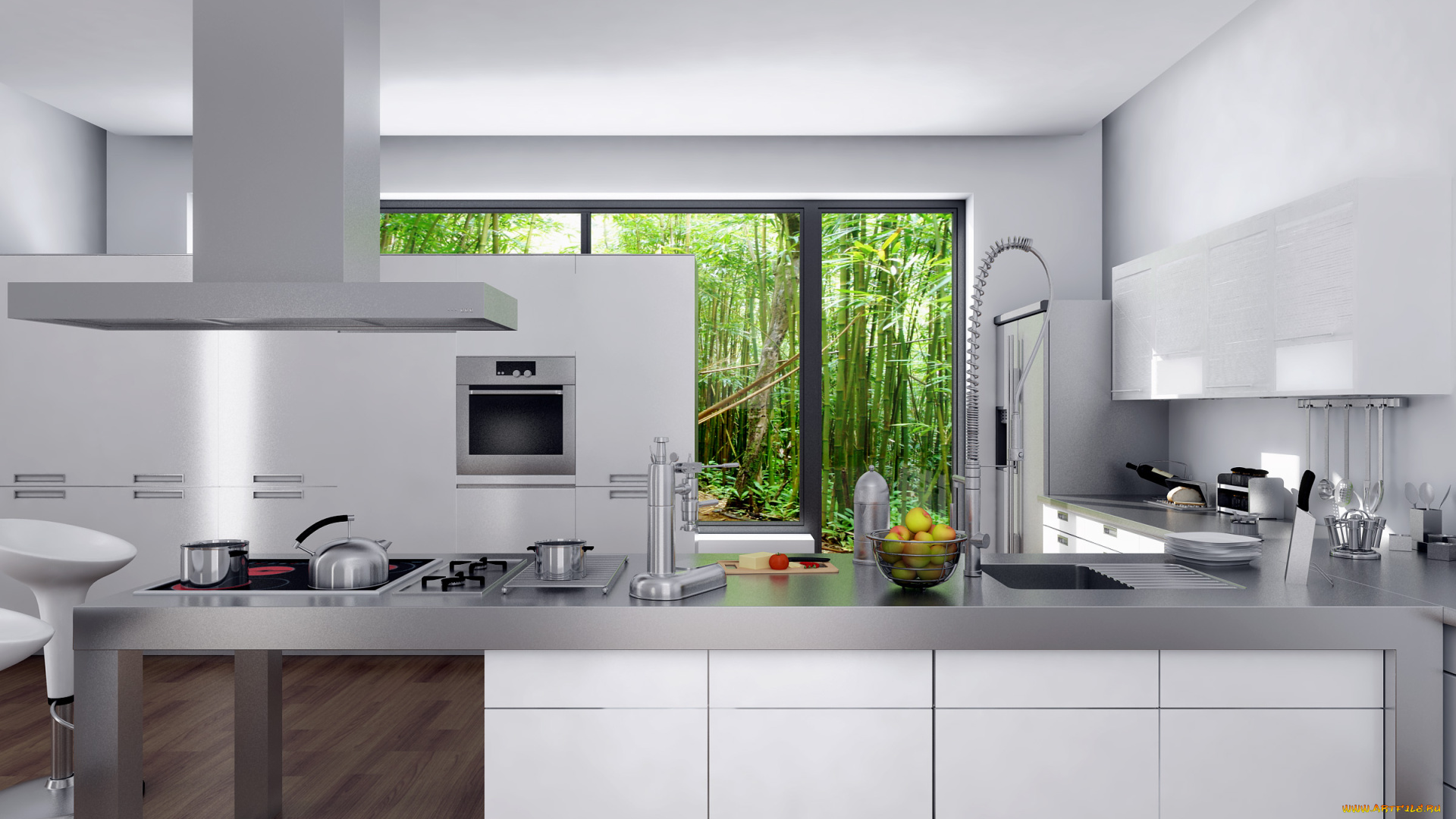 3д, графика, realism, , реализм, стол, окно, фрукты, кухня, плита, чайник