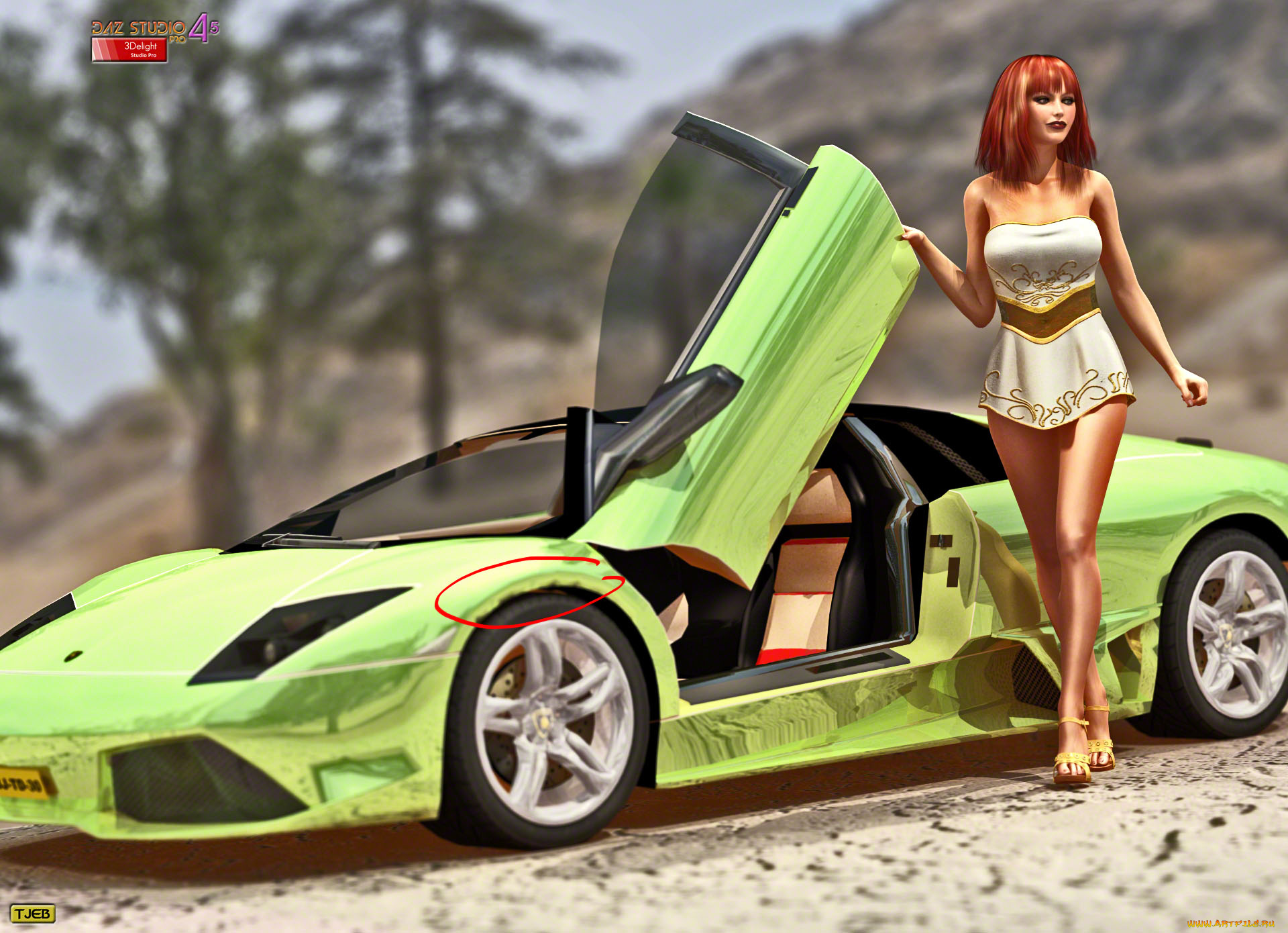 автомобили, 3д, девушка, автомобиль, зеленый