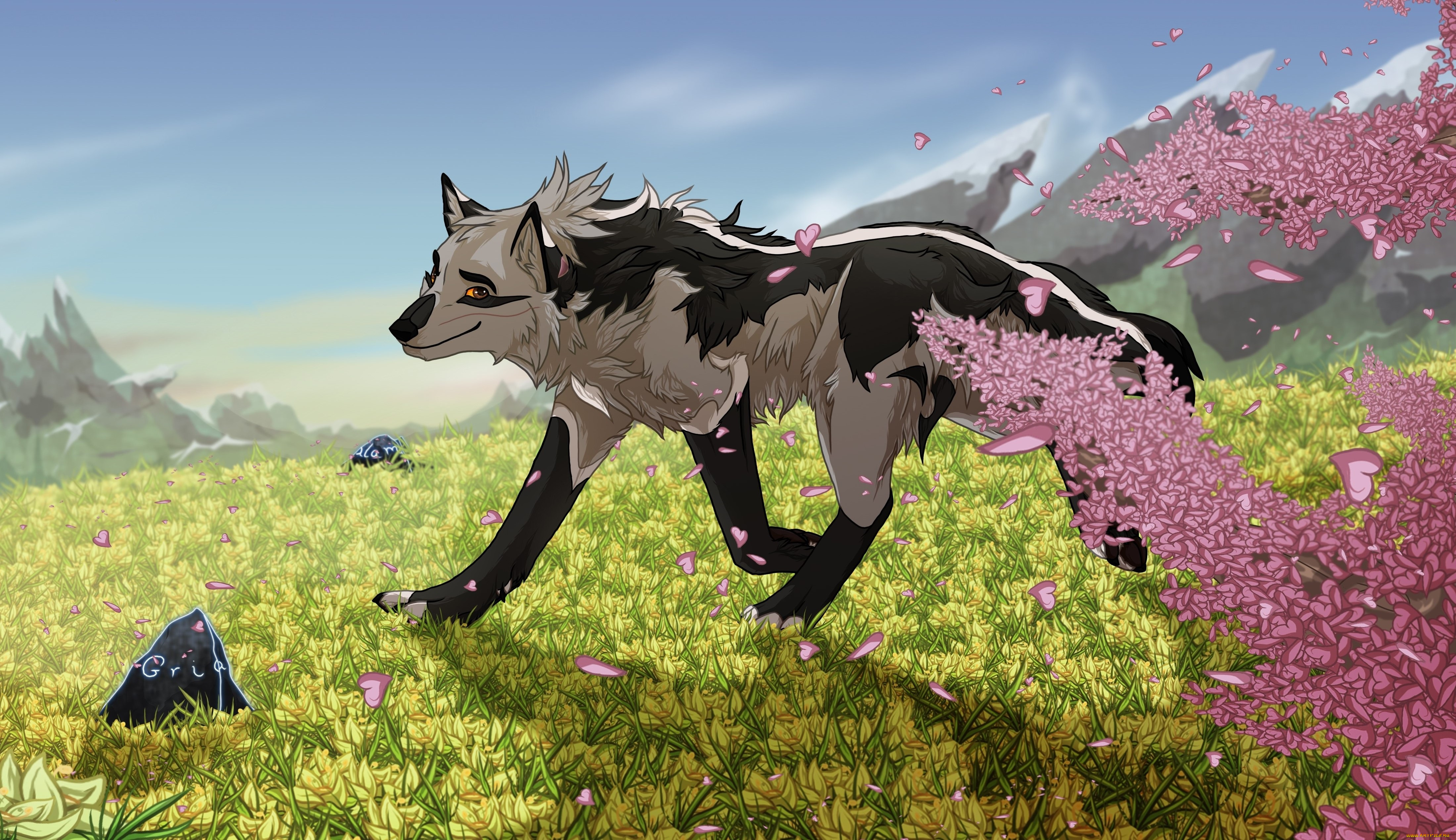 рисованные, животные, , сказочные, , мифические, лето, трава, ветки, собака