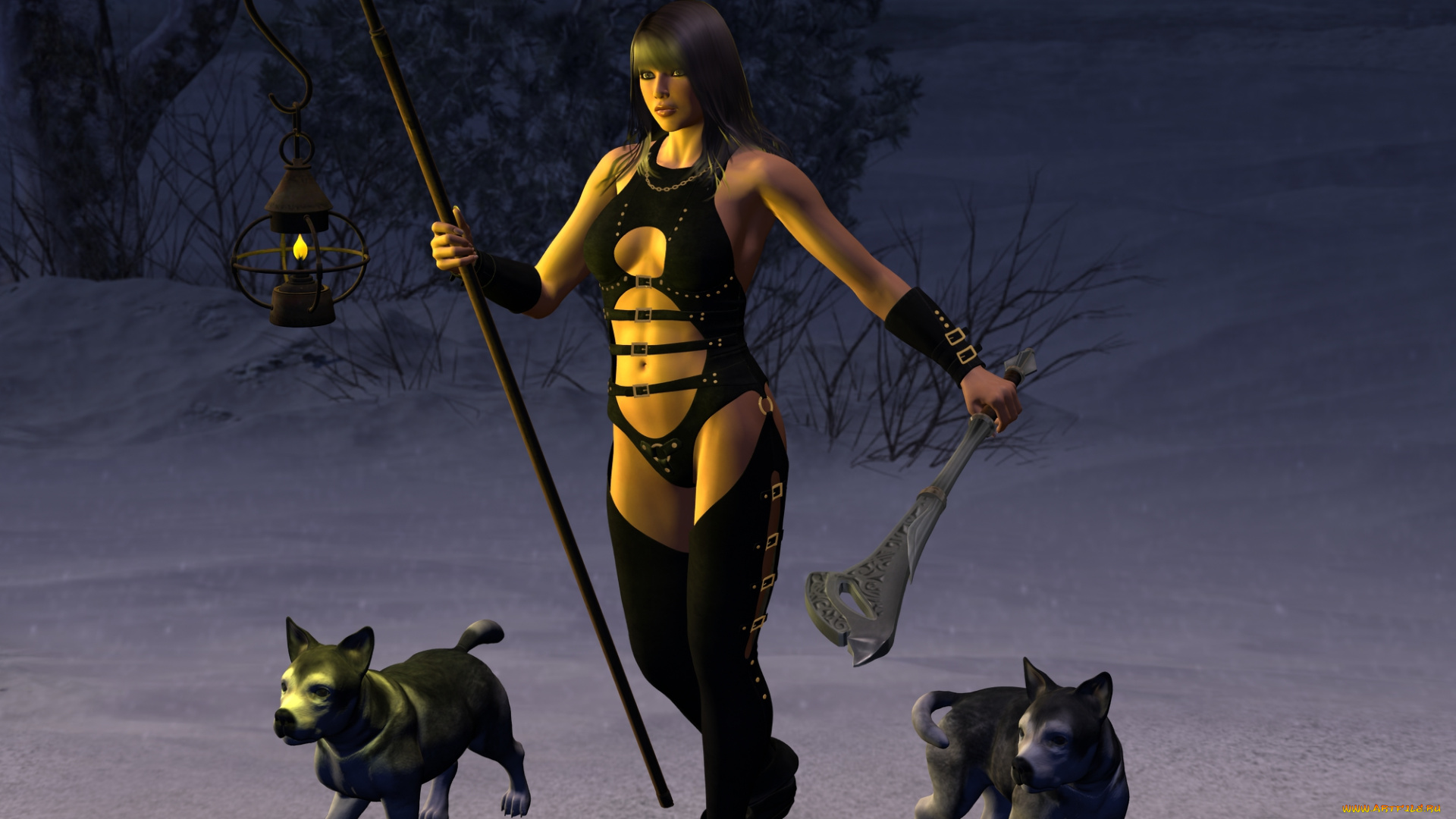 3д, графика, амазонки, , amazon, девушка, дерево, фонарь, собаки, фон, оружие, взгляд, снег