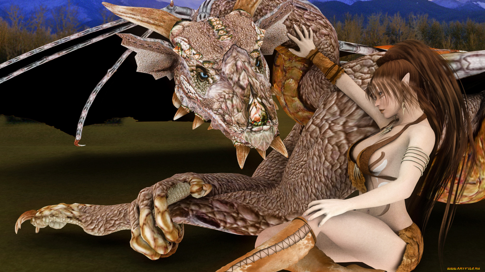 3д, графика, эльфы, , elves, фон, дракон, взгляд, эльфийка