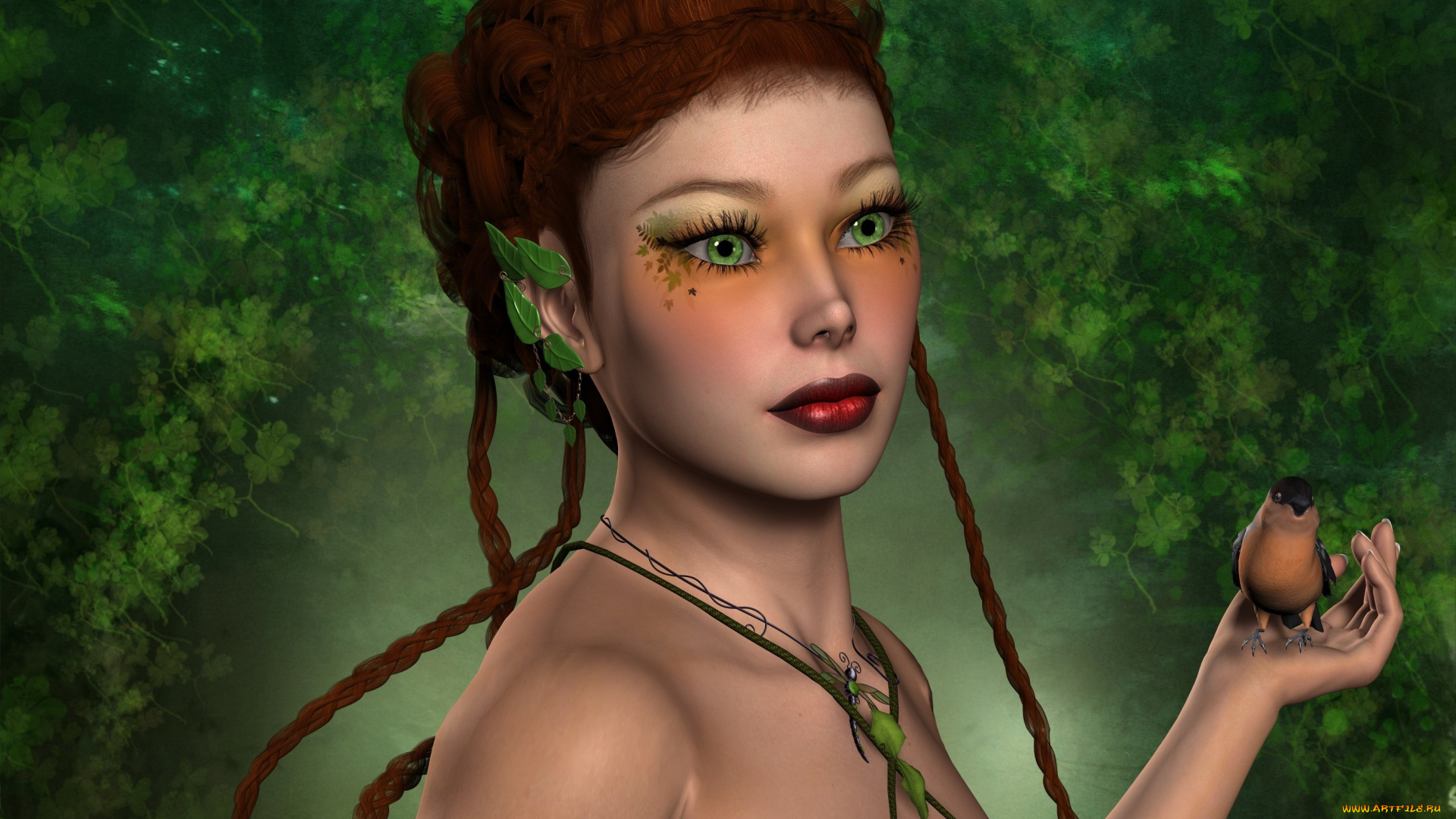 3д, графика, эльфы, , elves, птичка, косички, лес, фон, взгляд, эльфийка
