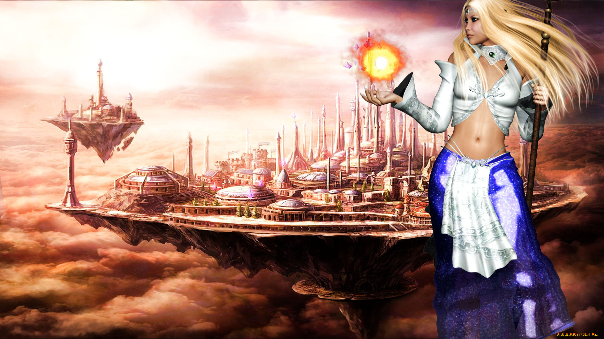 3д, графика, фантазия, , fantasy, девушка, магия, шест, город, фон, взгляд