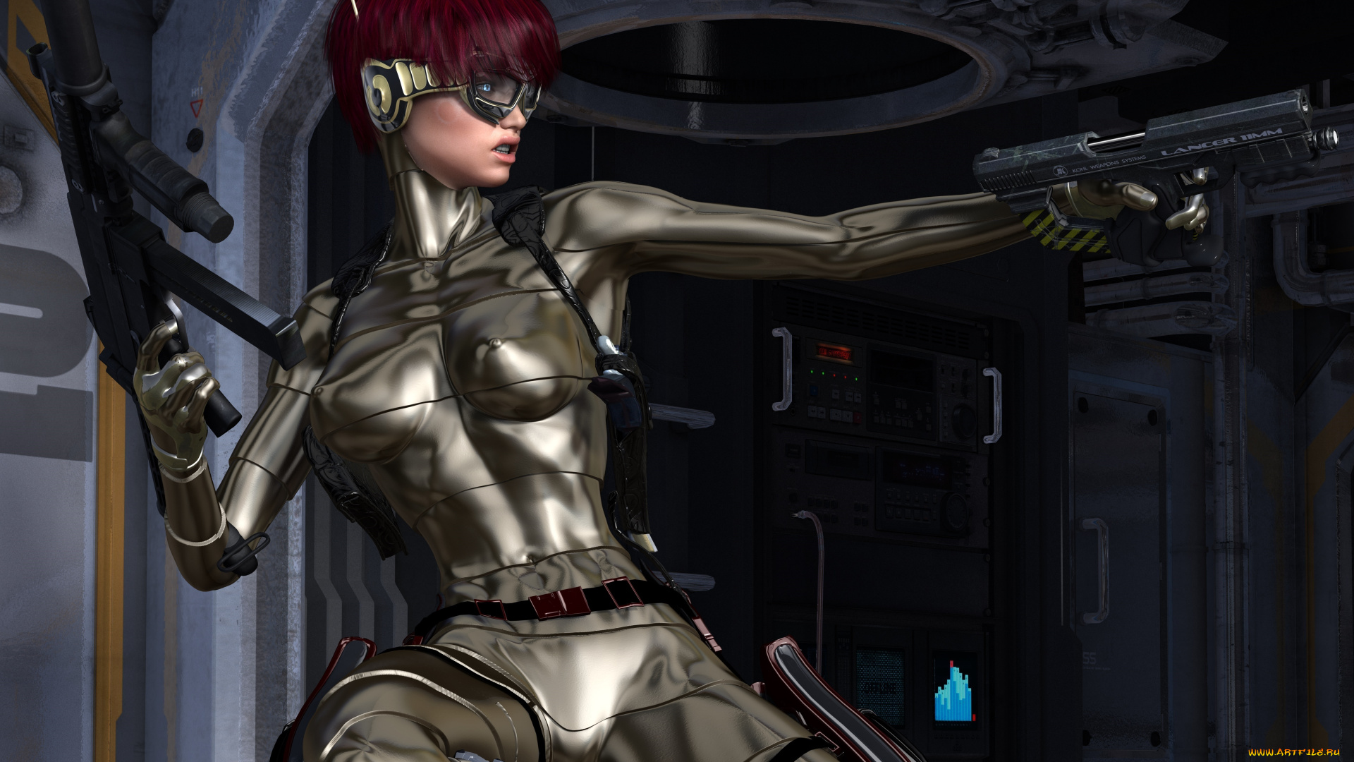 3д, графика, фантазия, , fantasy, фон, взгляд, девушка, наушники, очки, оружие