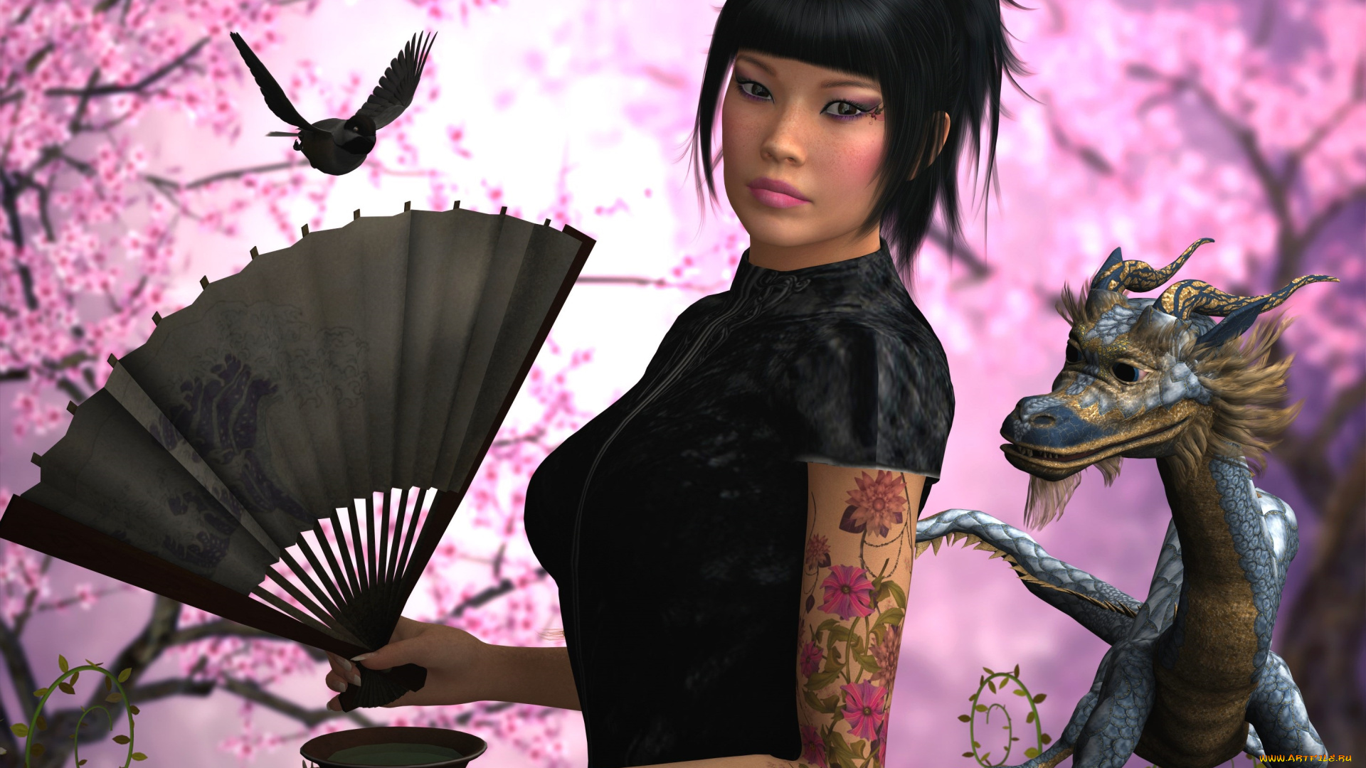 3д, графика, фантазия, , fantasy, птица, веер, сакура, дракон, фон, взгляд, девушка