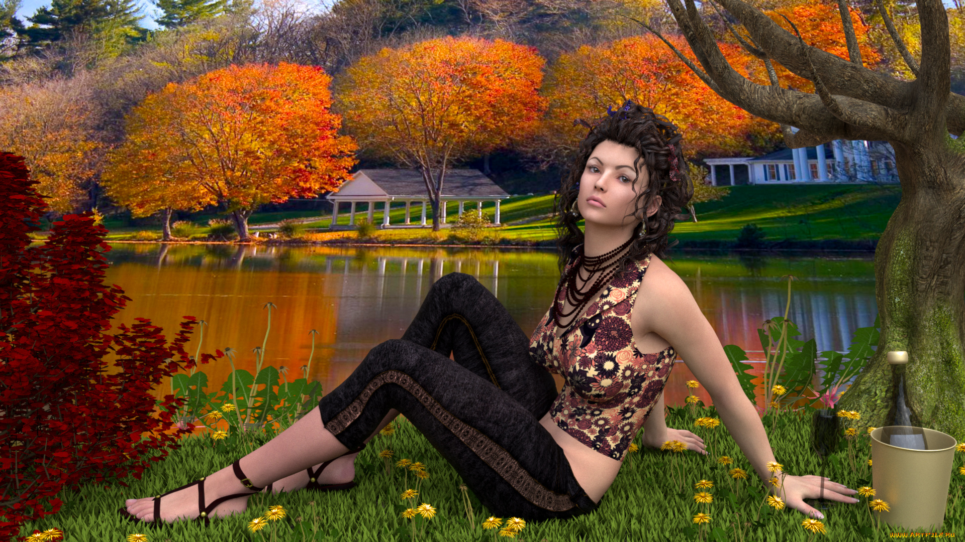 3д, графика, люди, , people, девушка, озеро, природа, фон, взгляд