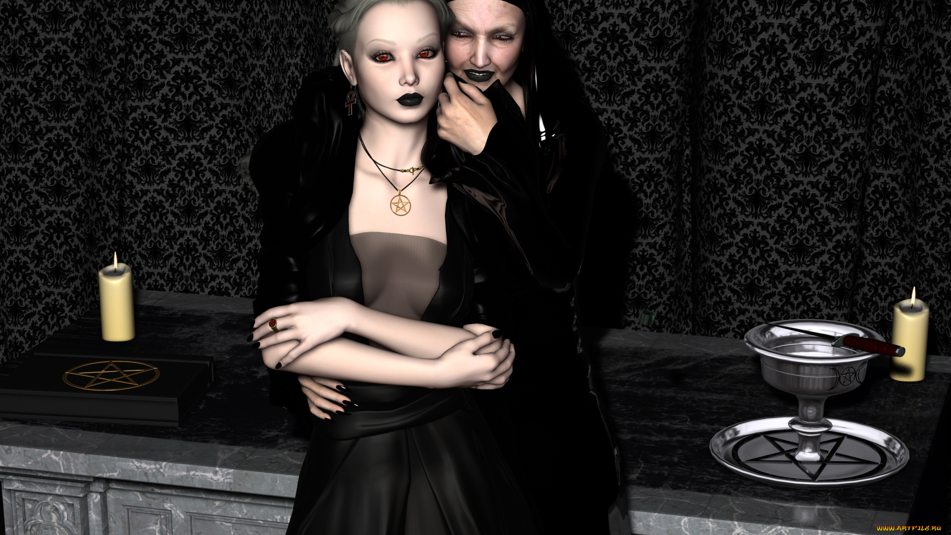 3д, графика, люди, , people, девушка, взгляд, фон, свечи, старушка