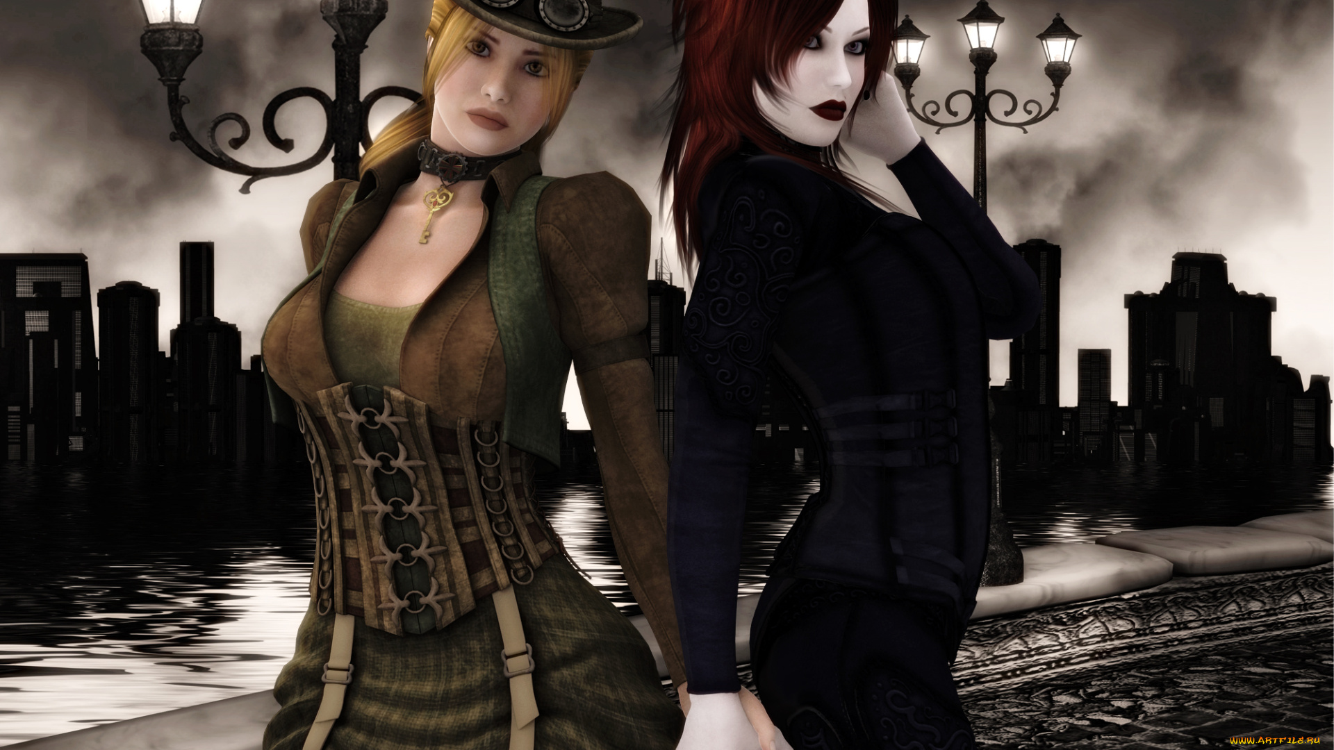 3д, графика, люди, , people, девушки, шляпа, светильники, фон, взгляд