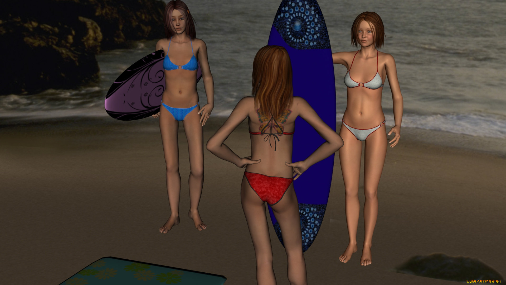 3д, графика, люди, , people, купальники, море, фон, взгляд, девушки