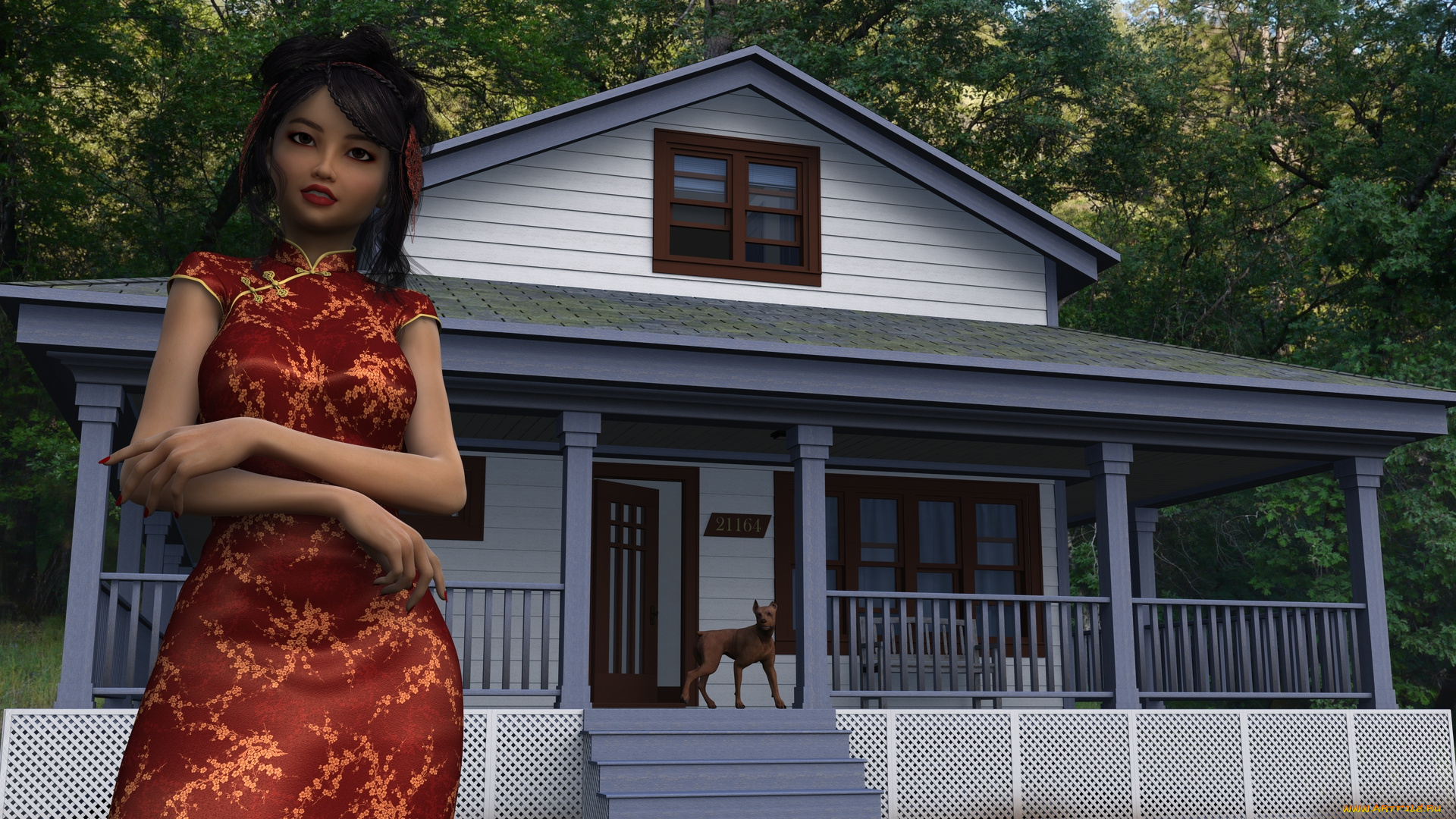 3д, графика, люди, , people, собака, дом, ограждение, лестница, взгляд, девушка