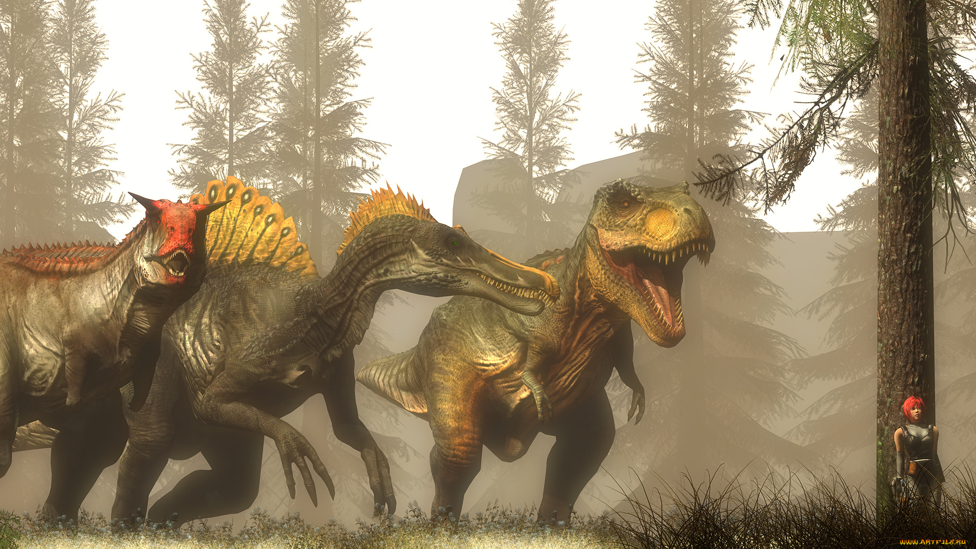 3д, графика, животные, , animals, лес, динозавры, девушка, рыжая, взгляд