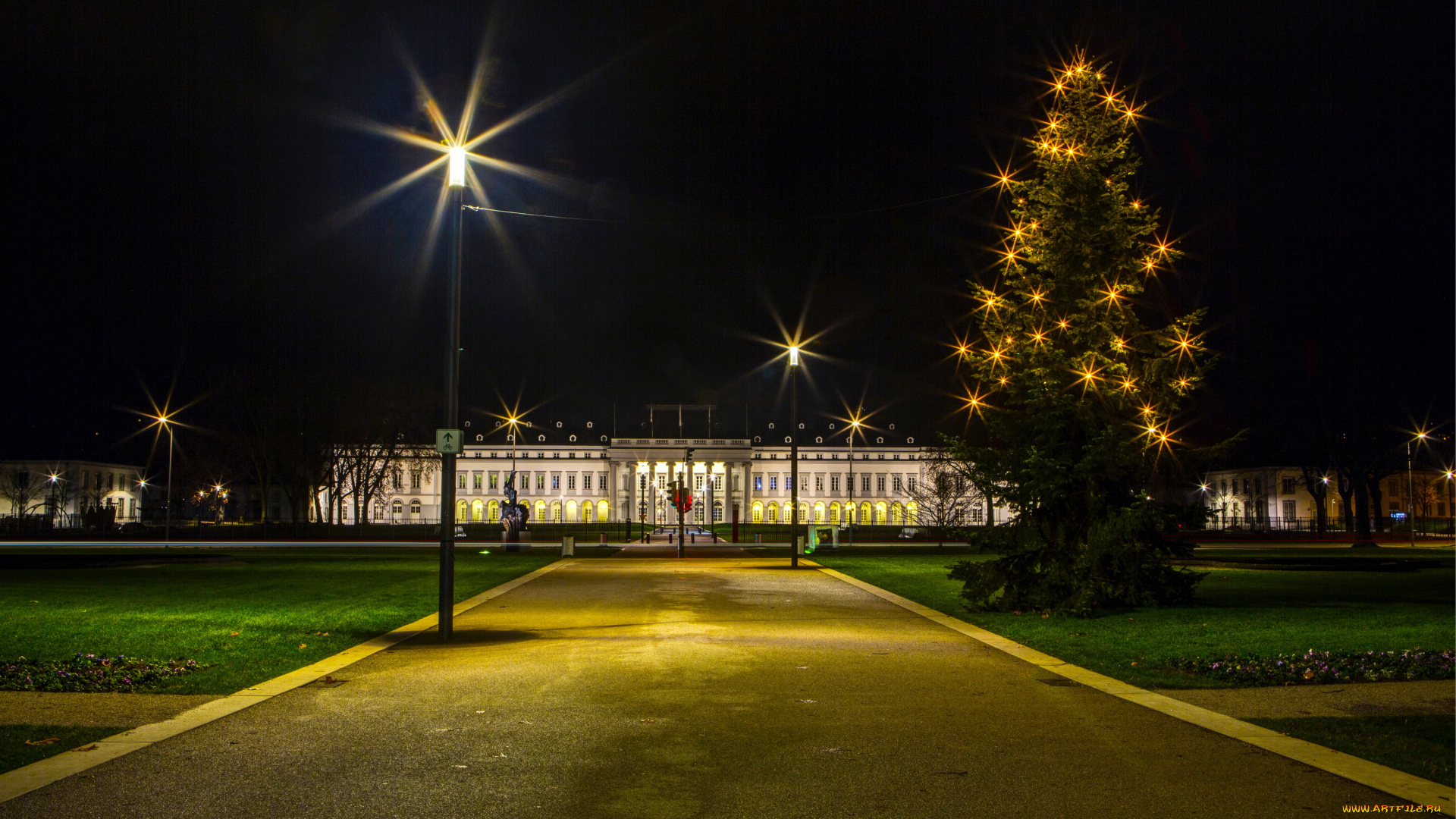германия, koblenz, города, -, огни, ночного, города, трава, елка, ночь, площадь, дома