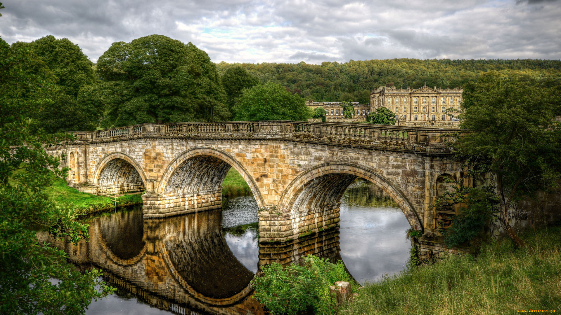 города, -, мосты, мост, река, здание, лес