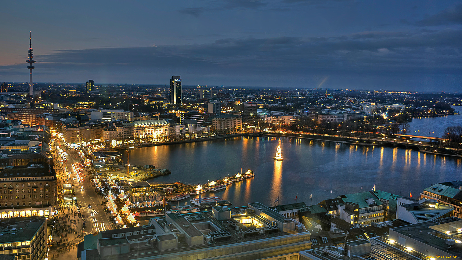 города, -, огни, ночного, города, магистраль, гавань, ночь, огни