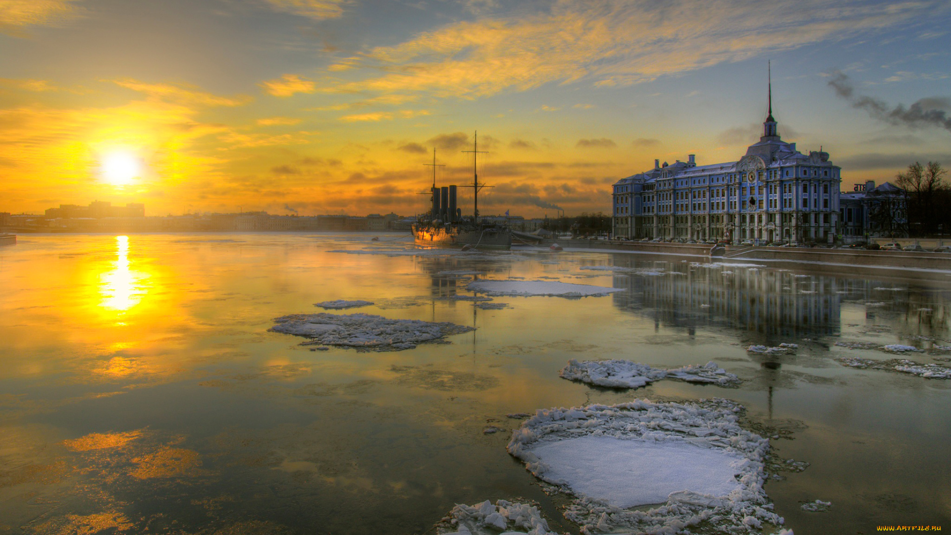 города, санкт-петербург, , петергоф, , россия, закат, нива, зима, аврора, крейсер