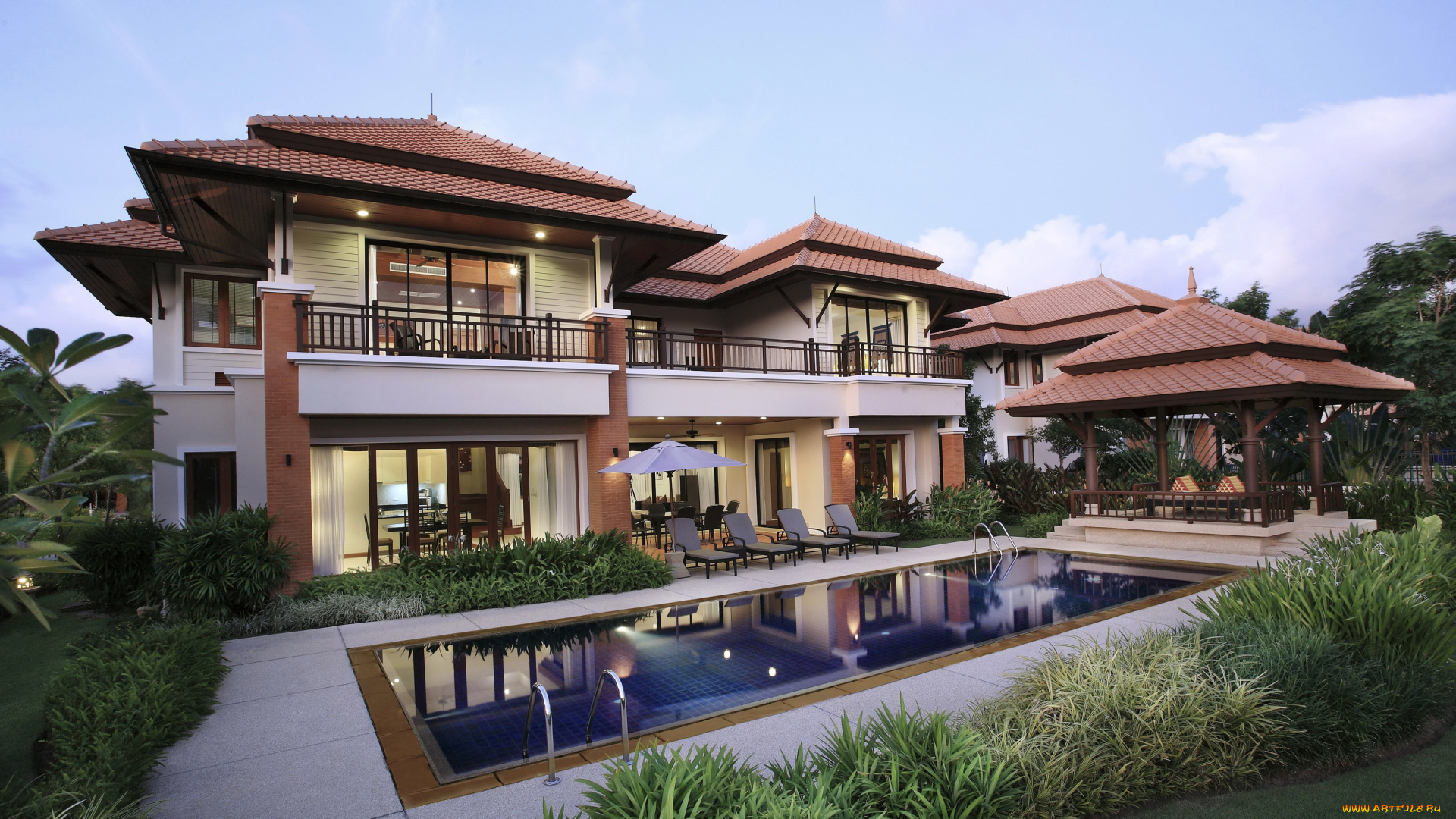 phuket, таиланд, города, -, здания, , дома, бассейн, вилла, таиланд, огни, ночь, трава, phuket