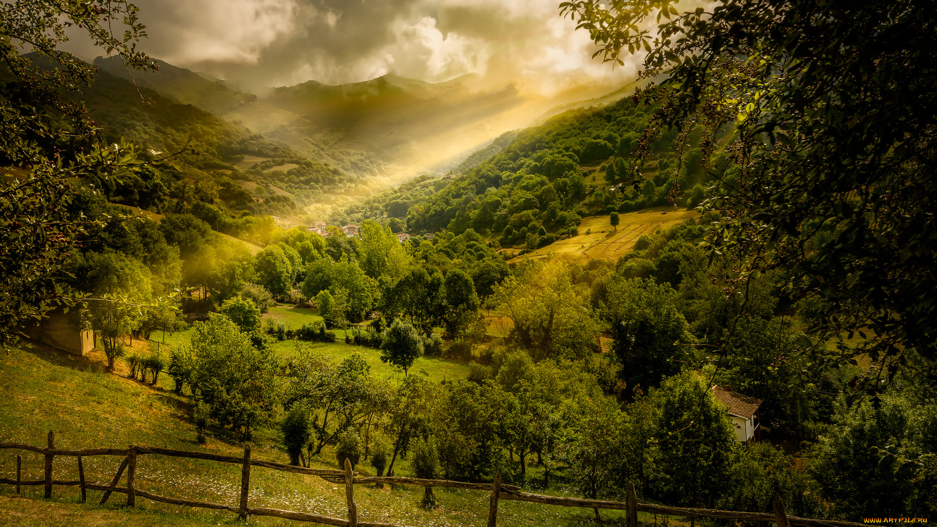 природа, горы, лес, тучи, свет