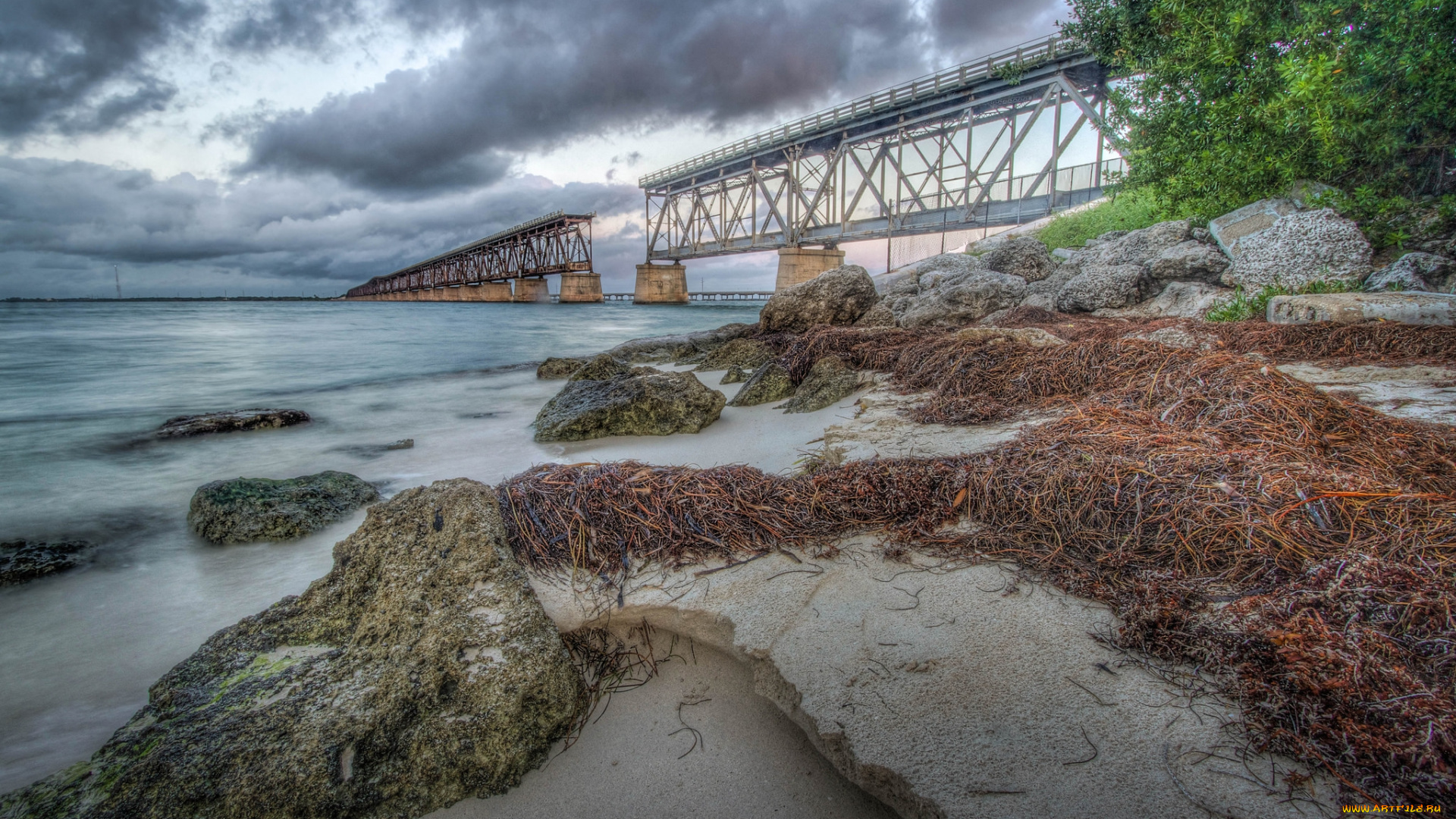 природа, реки, озера, река, мост, тучи