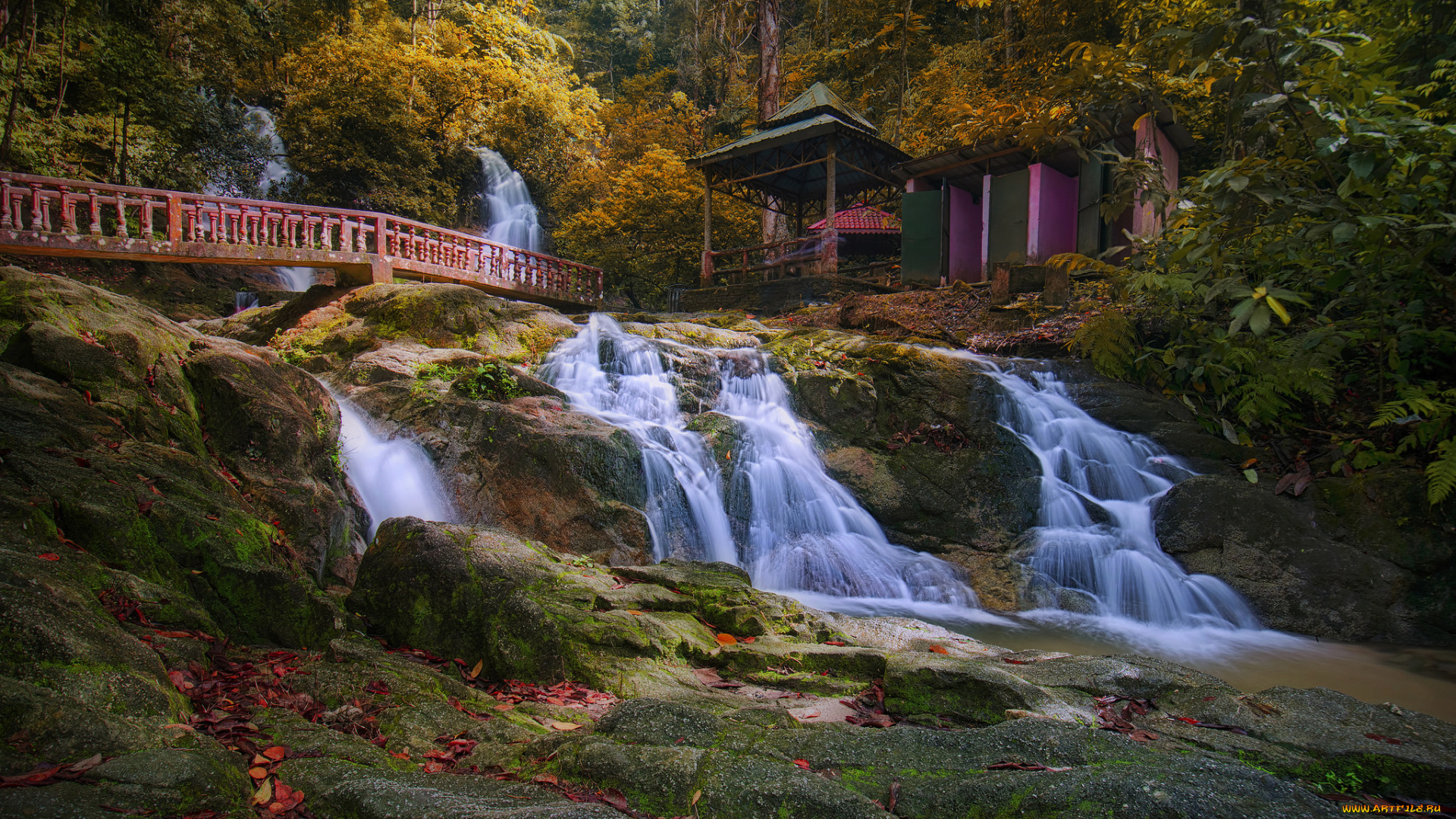 природа, водопады, река, лес, водопад