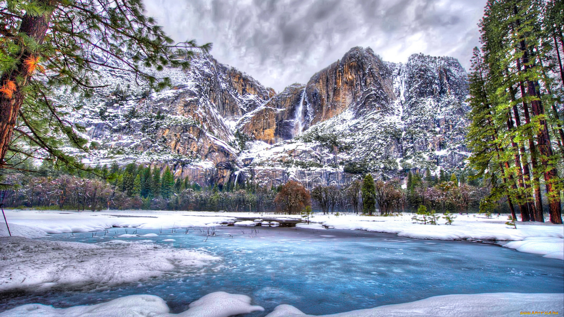 природа, зима, река, деревья, снег, горы, yosemite