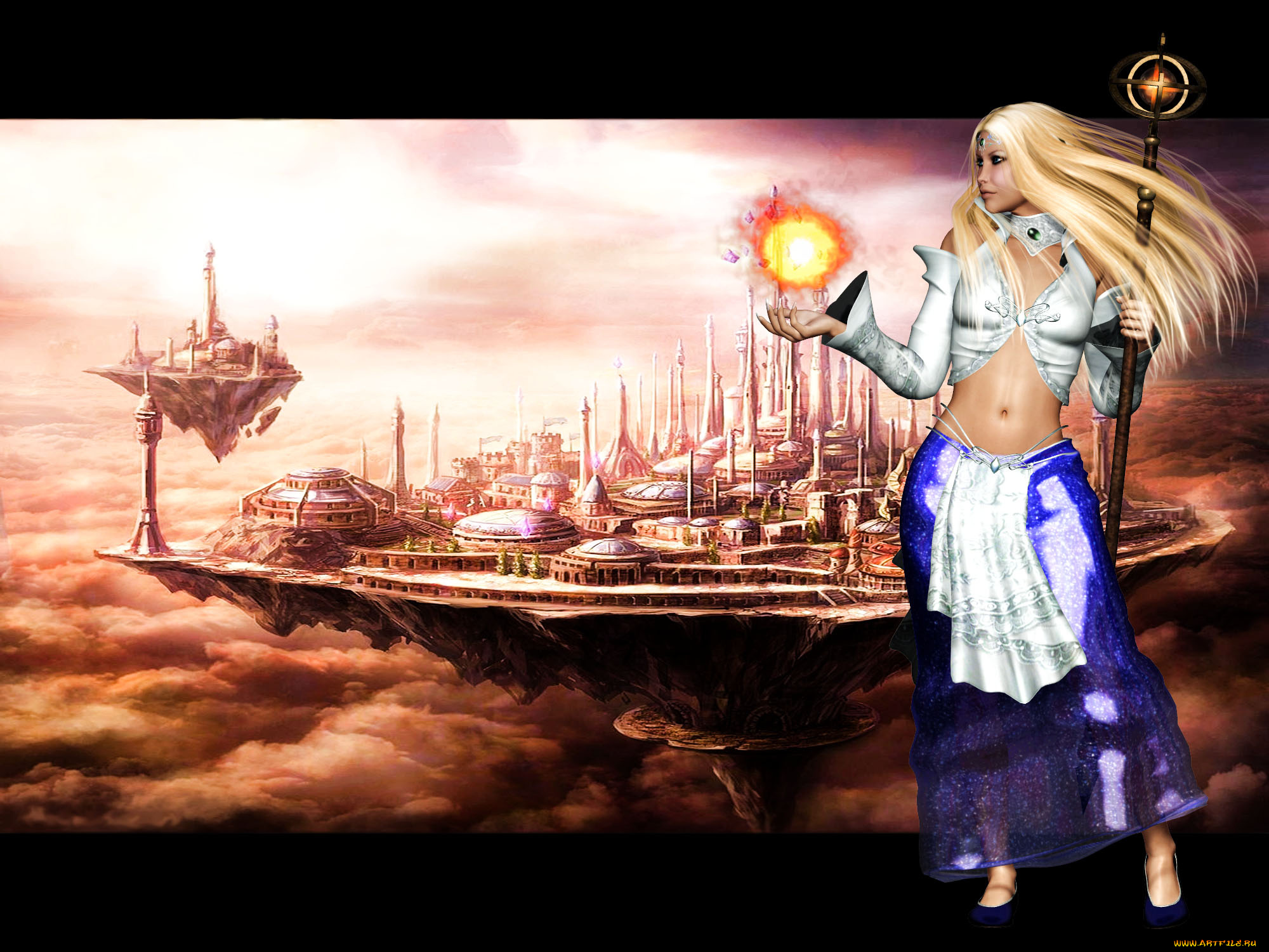 3д, графика, фантазия, , fantasy, девушка, магия, шест, город, фон, взгляд
