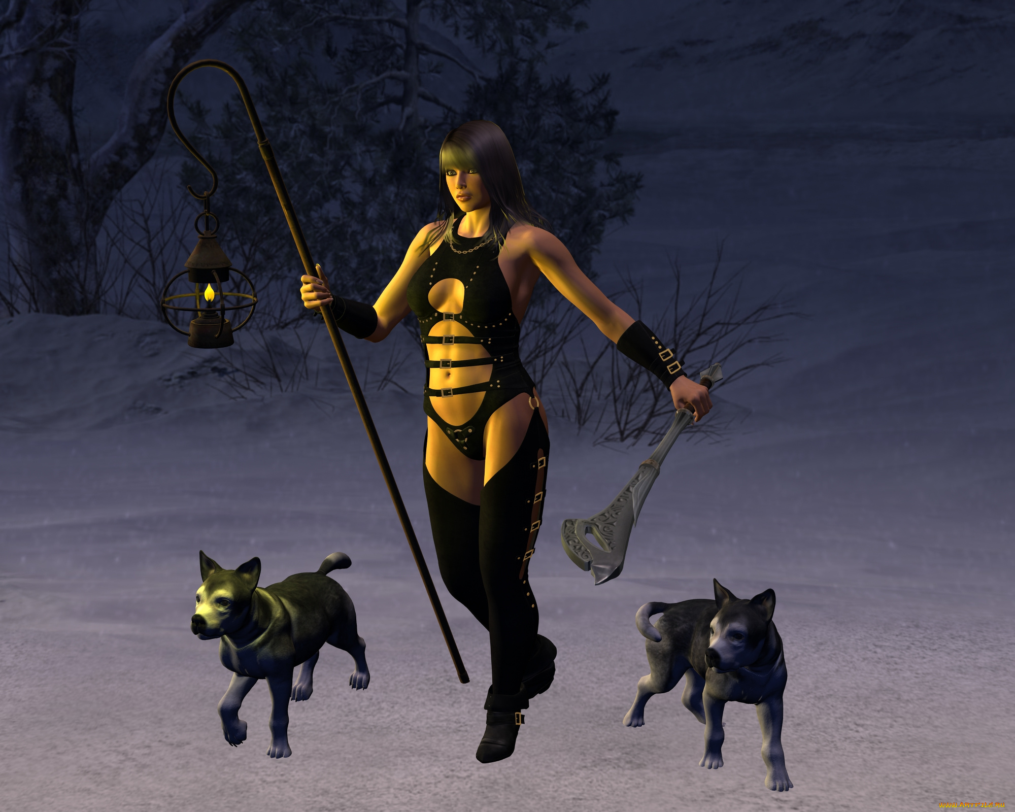 3д, графика, амазонки, , amazon, девушка, дерево, фонарь, собаки, фон, оружие, взгляд, снег