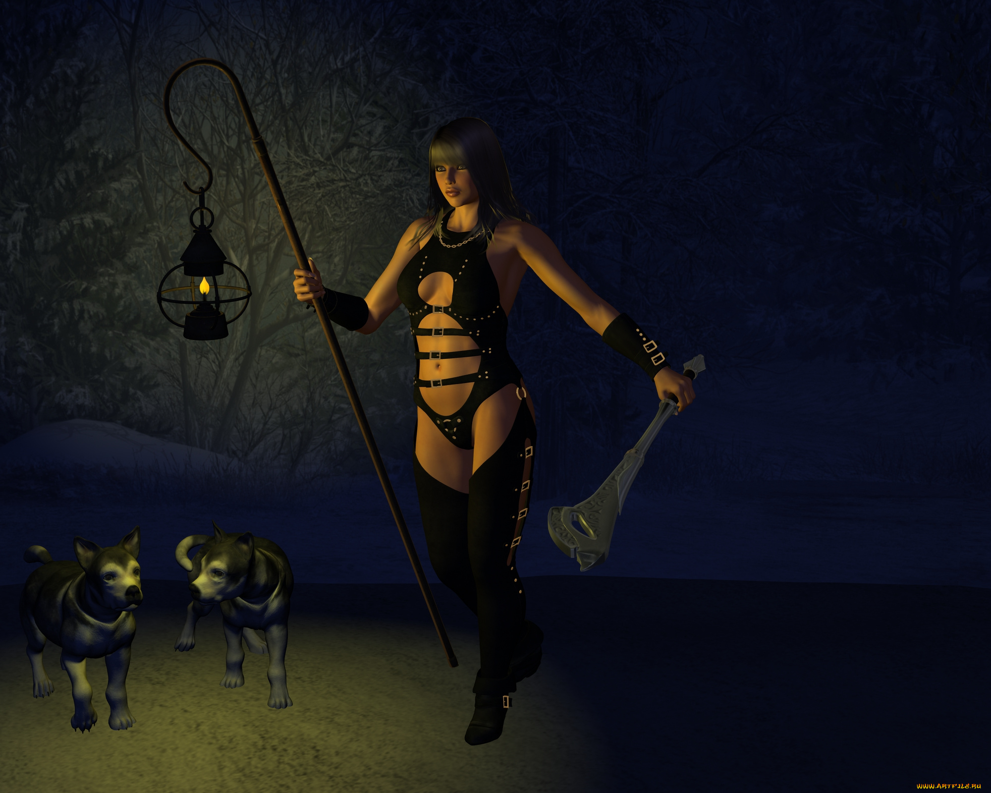 3д, графика, амазонки, , amazon, фонарь, фон, оружие, собаки, дерево, взгляд, девушка