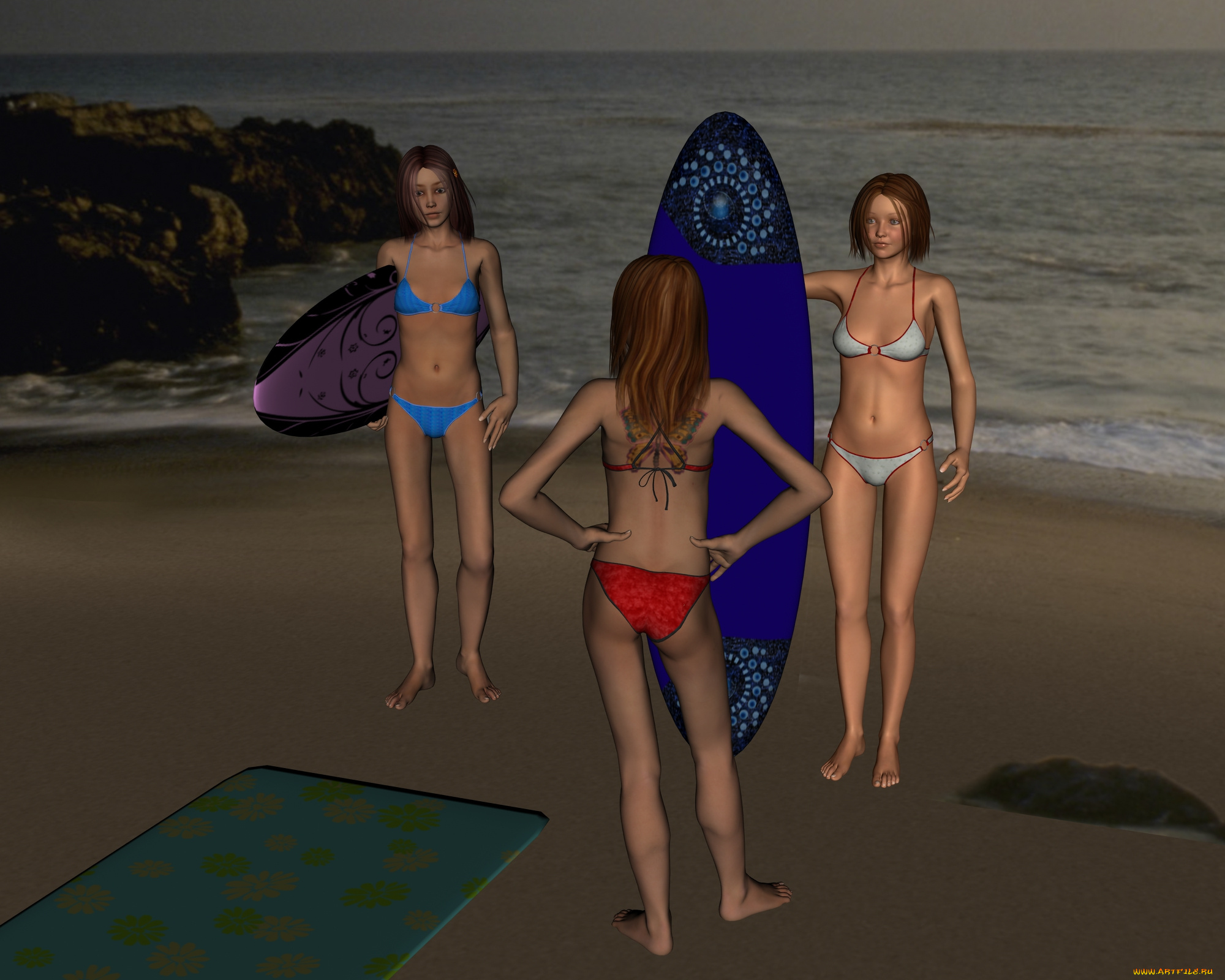 3д, графика, люди, , people, купальники, море, фон, взгляд, девушки